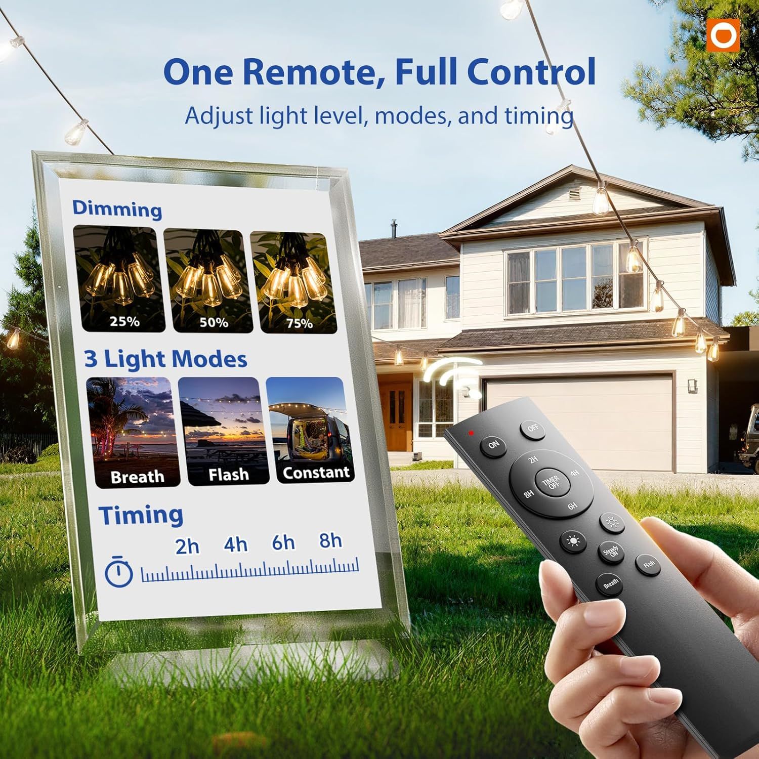 Demonstrates the comprehensive remote control functionality of the outdoor string lights, showing shoppers they can customize brightness levels, select…