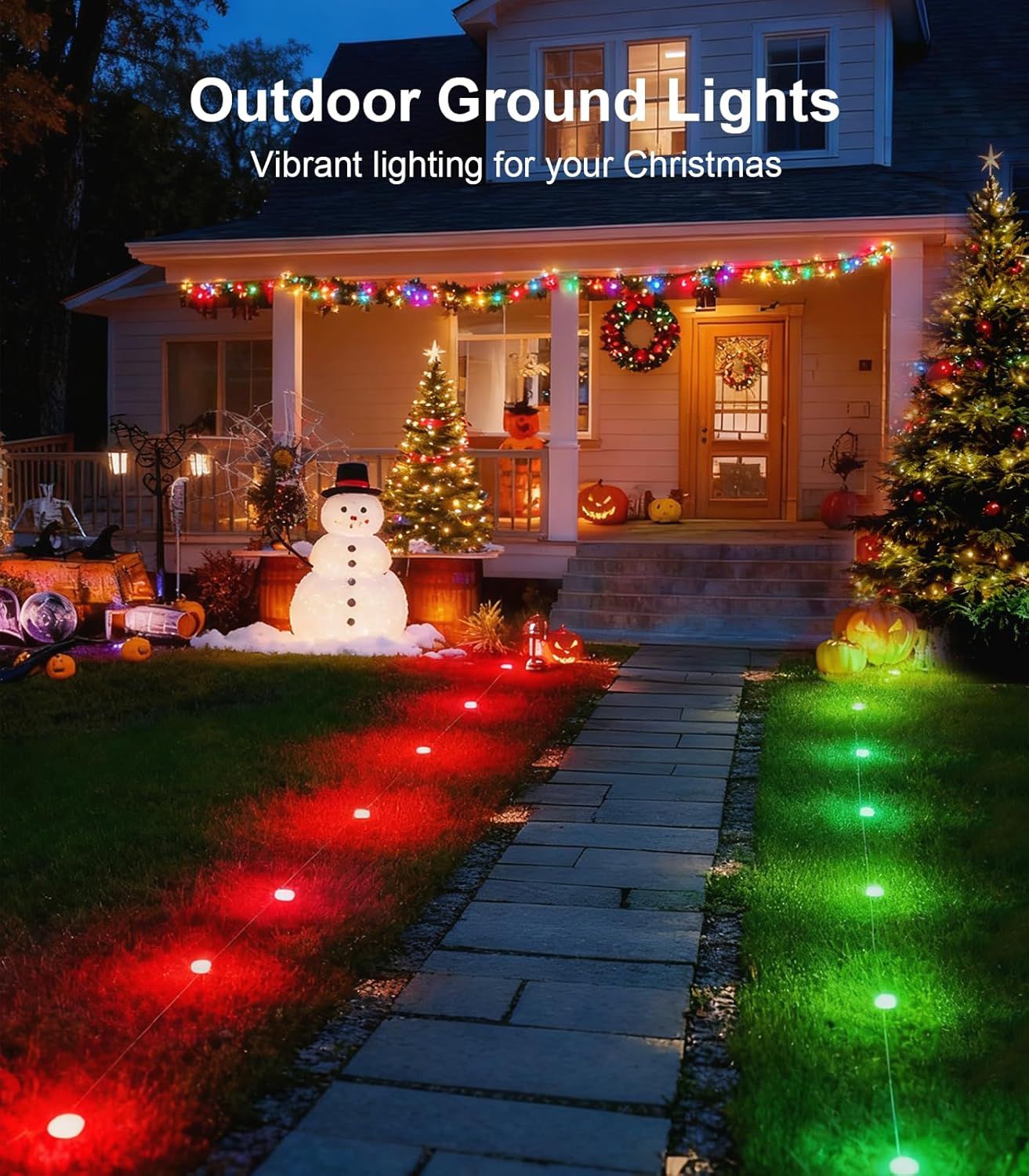 Showcases the outdoor ground lights in a festive Christmas setting to position the product as ideal for holiday decoration and seasonal use. Demonstrates the vibrant, colorful lighting effect of the…