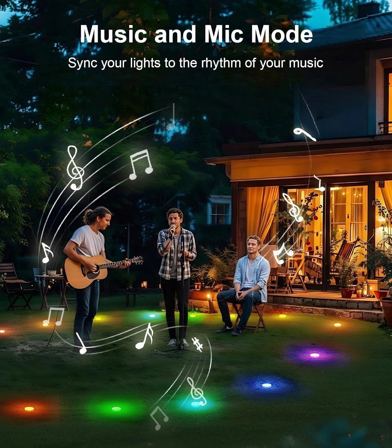 Highlights the product's ability to sync lights to music rhythm, demonstrating the entertainment and ambiance-enhancing feature for outdoor gatherings and…