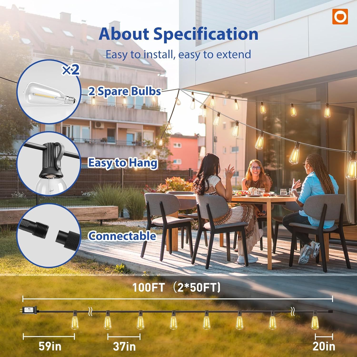 Communicates multiple product specifications and benefits in a segmented layout, showing shoppers that the string lights come with spare bulbs, are easy to…