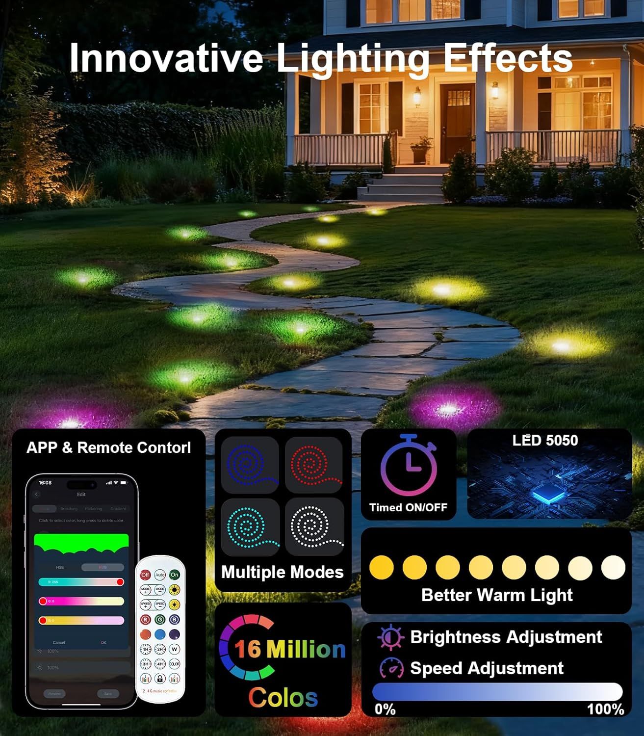Showcases the comprehensive feature set of smart landscape lighting, emphasizing customization options, app control, color variety, and adjustable settings to…