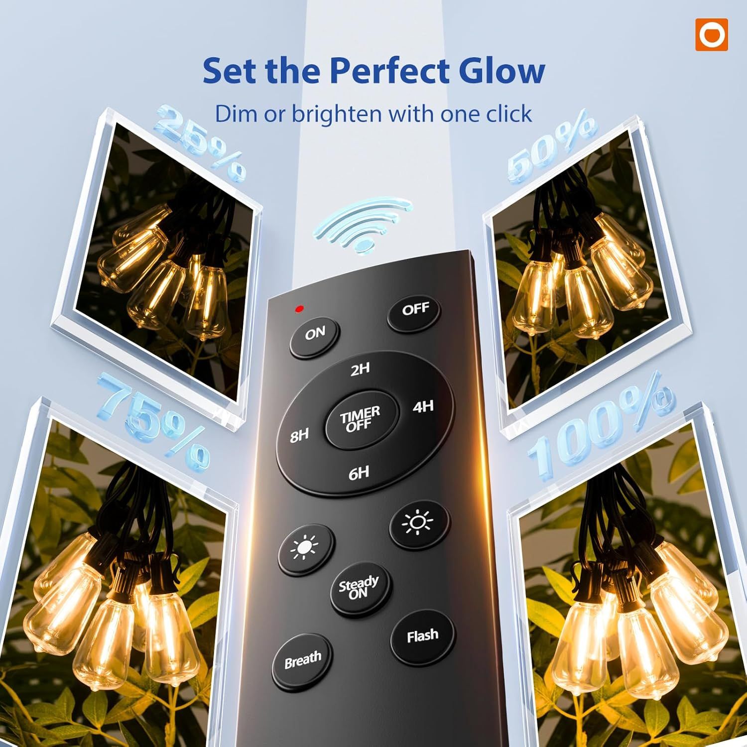 Demonstrates the product's adjustable brightness feature with multiple dimming levels controlled by remote, showing shoppers the versatility and convenience…