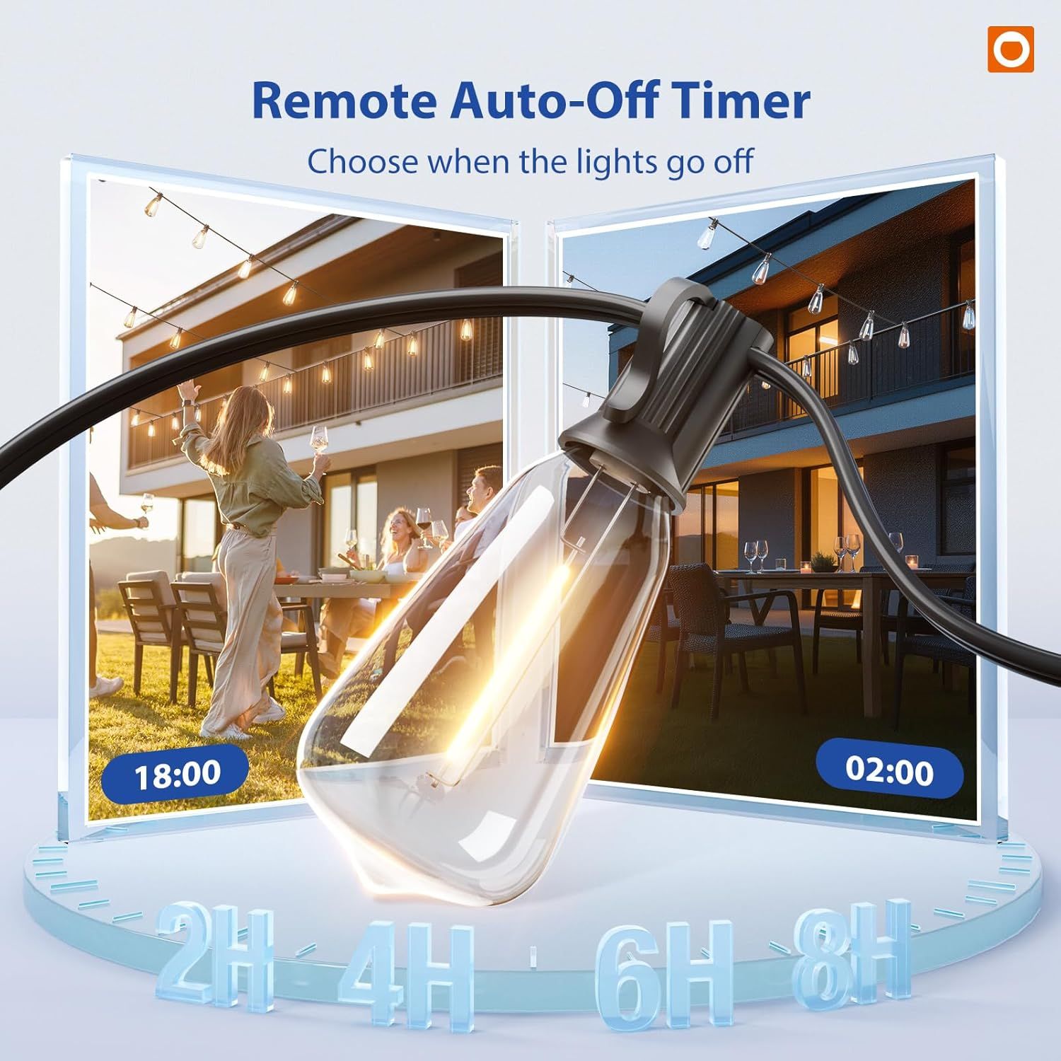 Communicates the convenience of a remote-controlled timer feature that allows users to schedule when outdoor lights automatically turn off, providing ease of…