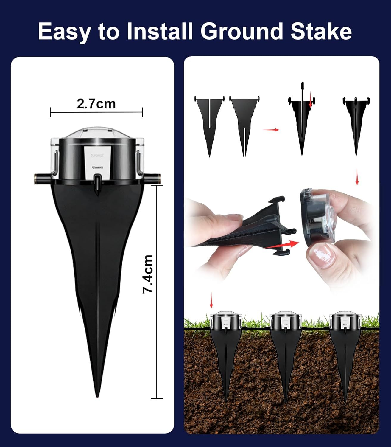 Demonstrates the step-by-step installation process for the ground stake, showing shoppers how simple it is to assemble and install the product into the…