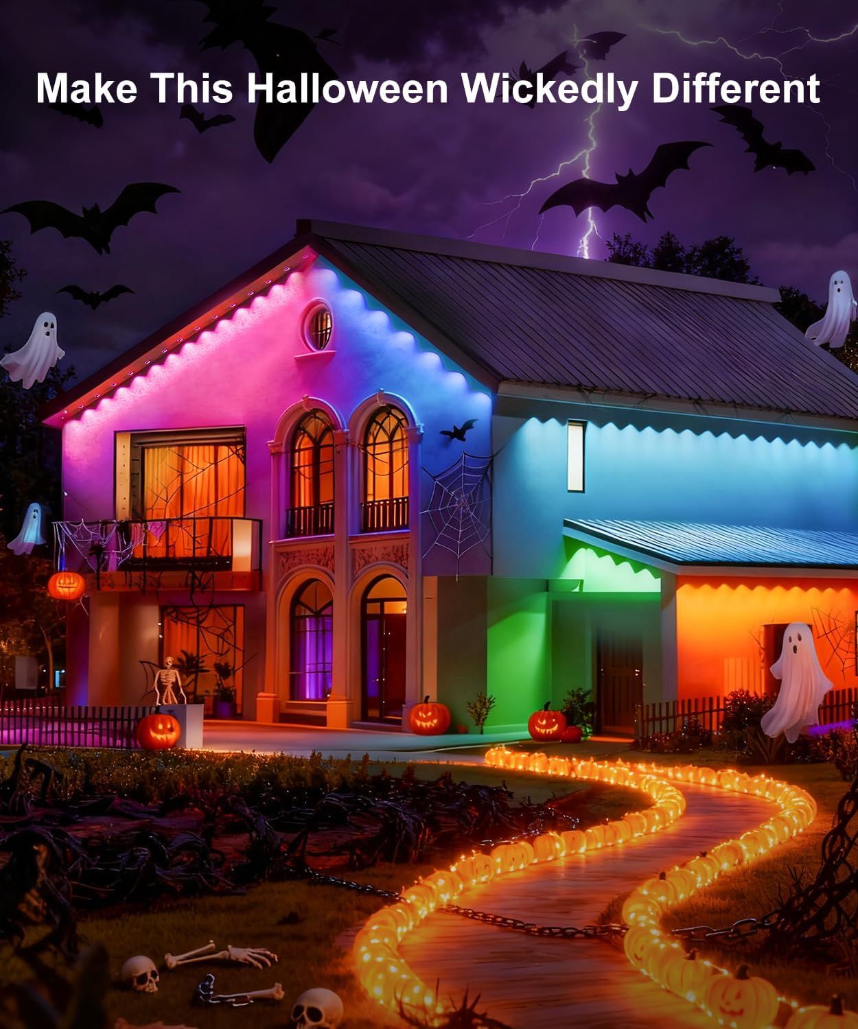 Positions the product as a Halloween decoration solution, showcasing how the lighting can transform a home for the holiday season and inspire customers to create a festive atmosphere. Demonstrates…