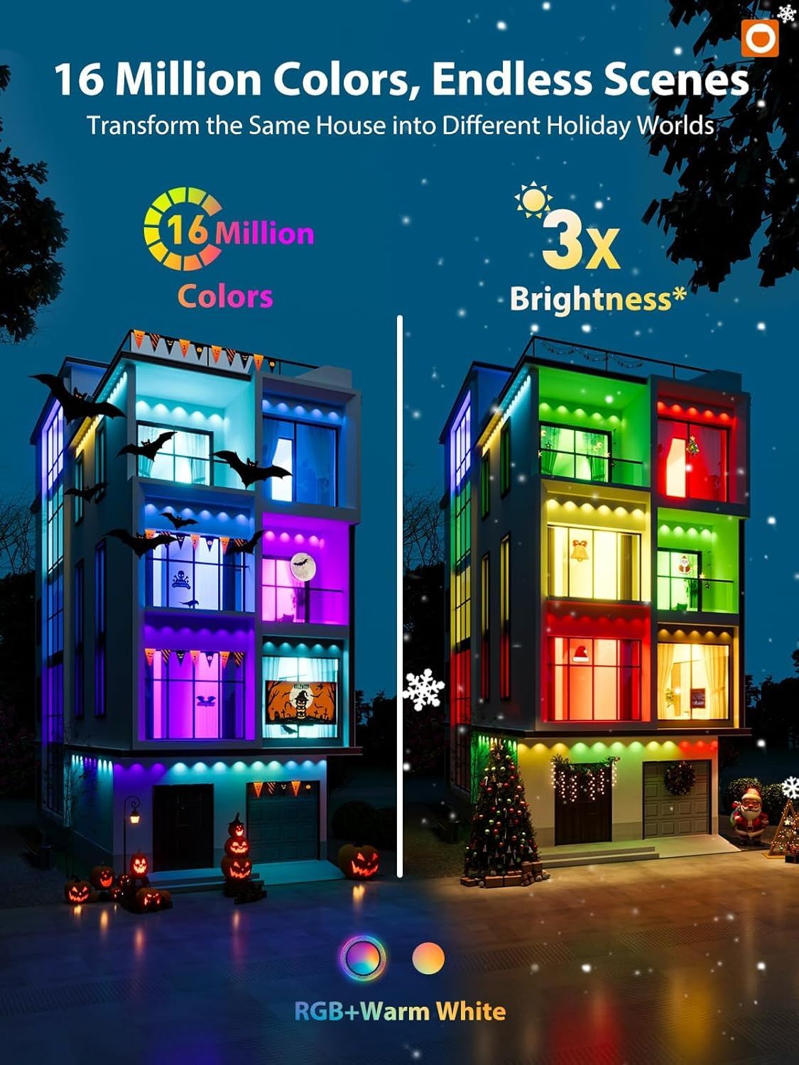 Communicates the product's versatility and performance through multiple distinct benefits: extensive color options, superior brightness, and dual lighting modes to create customizable holiday…