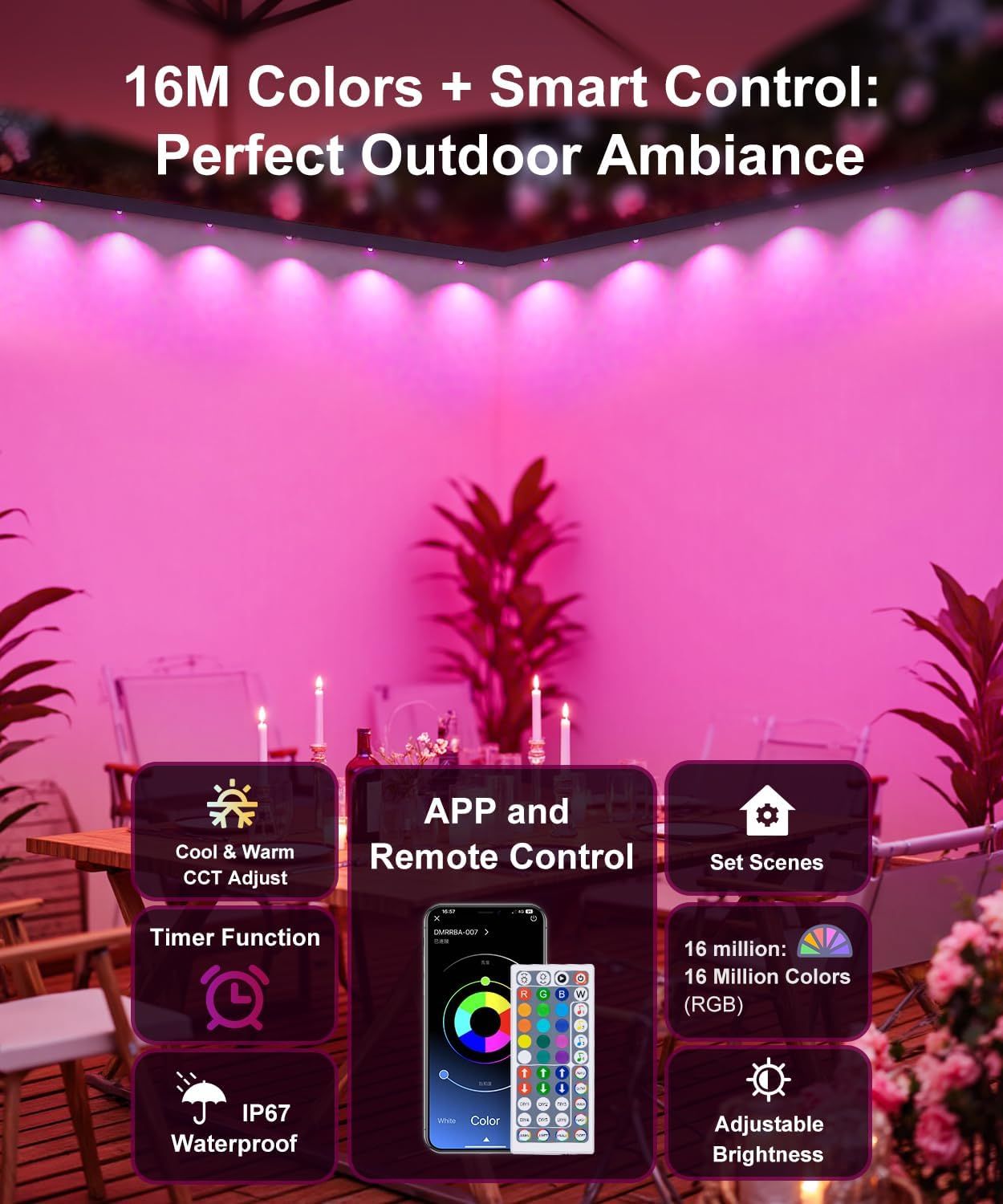 Communicates the comprehensive smart lighting capabilities including color options, remote control, weatherproofing, and customization features to show…