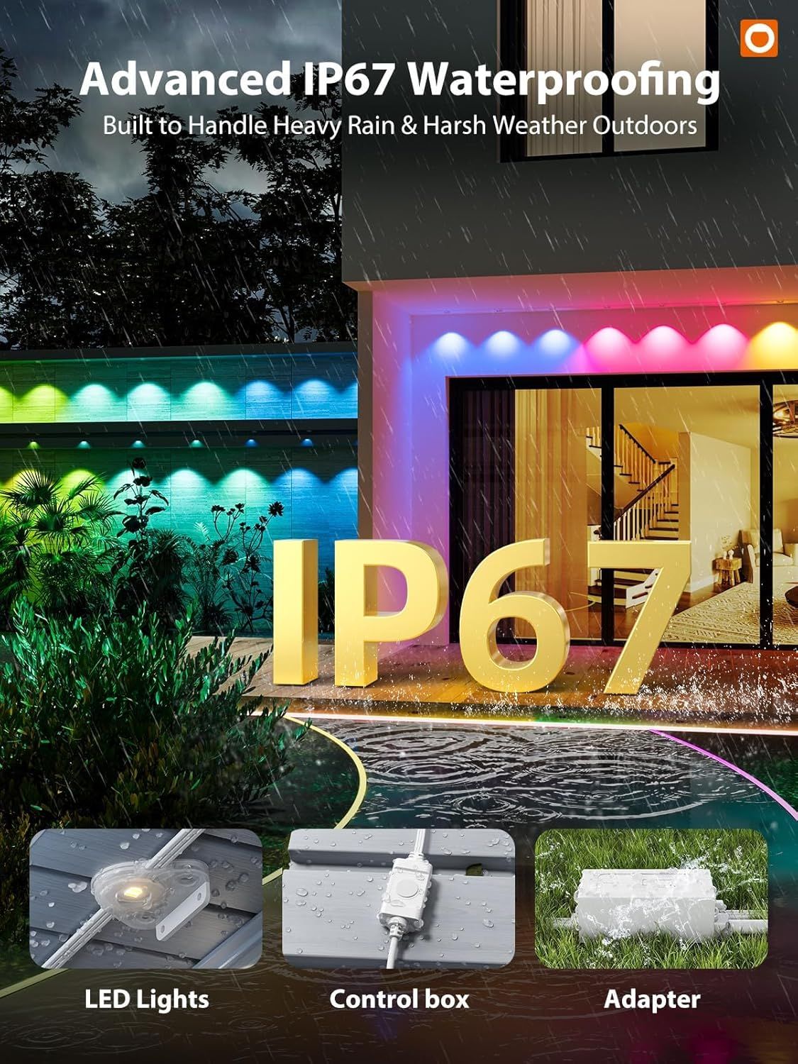 Reassures shoppers that the LED lights are IP67-certified waterproof and built to withstand heavy rain and harsh outdoor weather conditions. Highlights the…