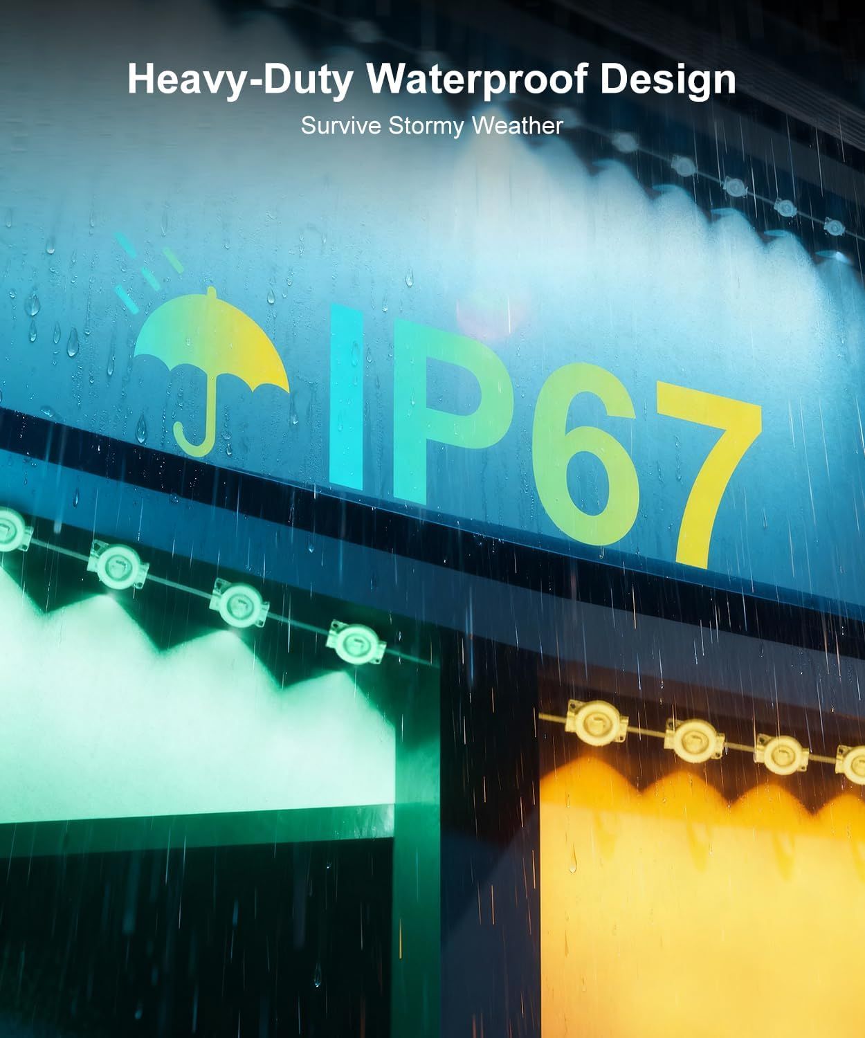 Communicates that the product has an IP67 waterproof rating and can survive stormy weather conditions, reassuring shoppers of its durability and weather…