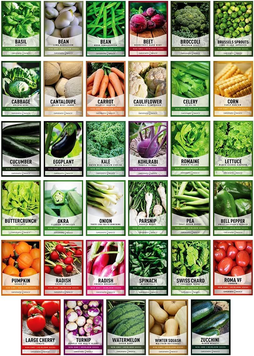 Displays the brand's full range of vegetable seed varieties to help shoppers browse options and understand the breadth of the product line available.