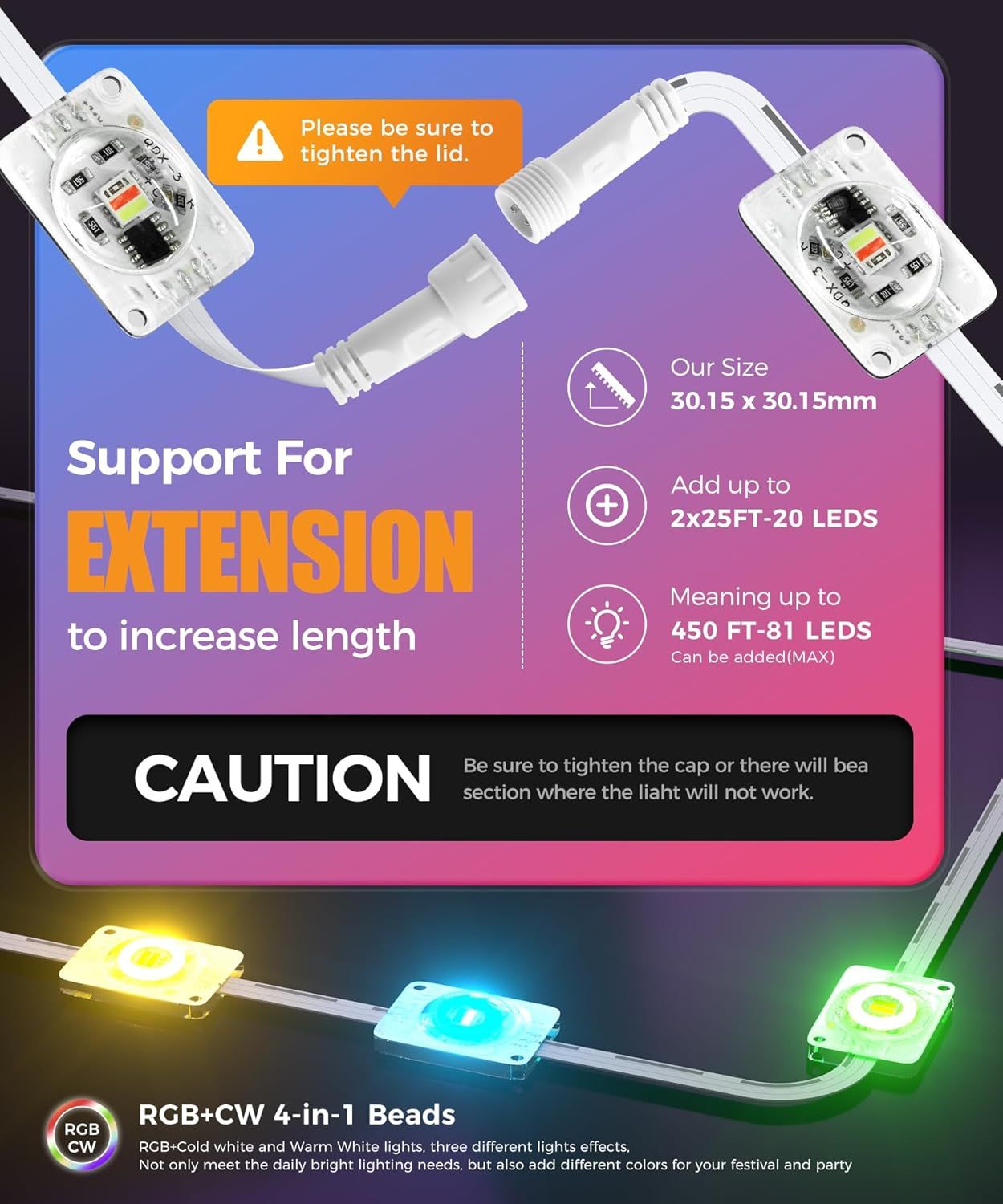 Communicates multiple key features of the LED extension product including its extendability, physical dimensions, maximum LED capacity, and multi-color…