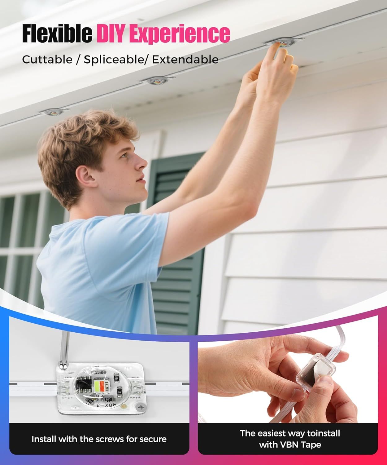 Demonstrates the flexible installation process for the LED light strip, showing shoppers that it can be easily installed using either screws or VBN tape,…
