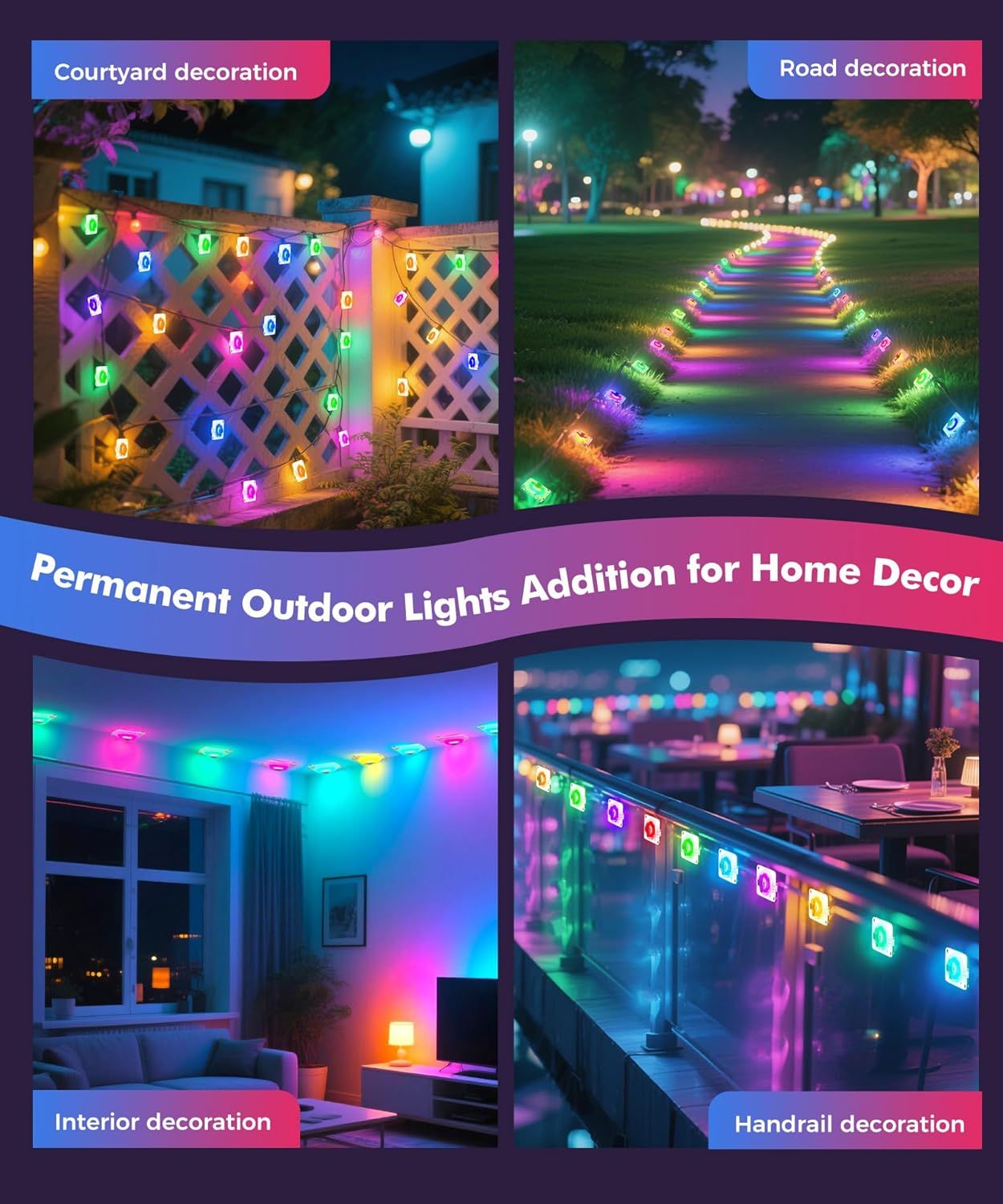 Demonstrates the versatility of the outdoor lights by showing four distinct application scenarios (courtyard, road, interior, and handrail decoration) to help…