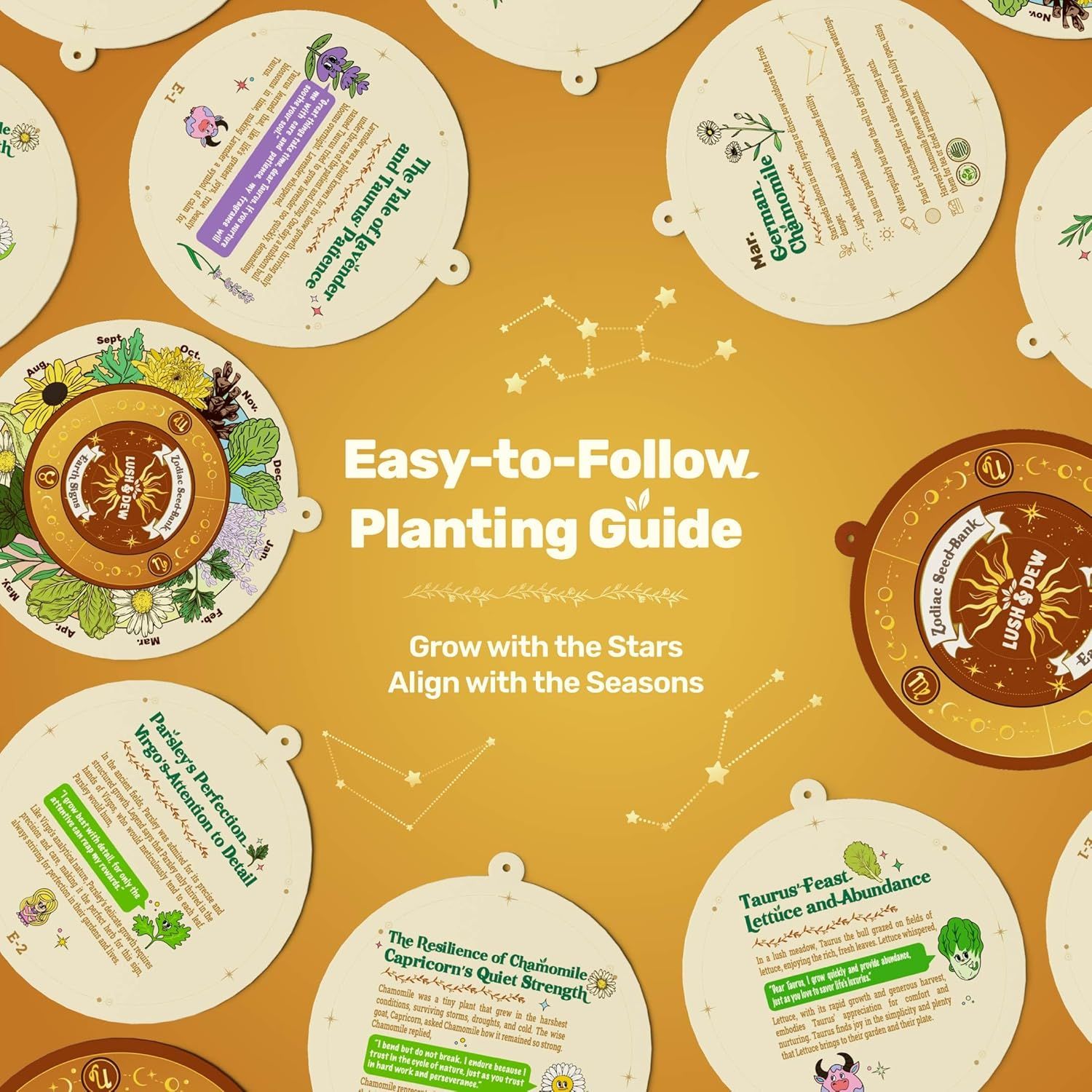 This image communicates that the product includes an instructional planting guide organized by astrological signs and seasons, helping shoppers understand when and how to plant different seeds.