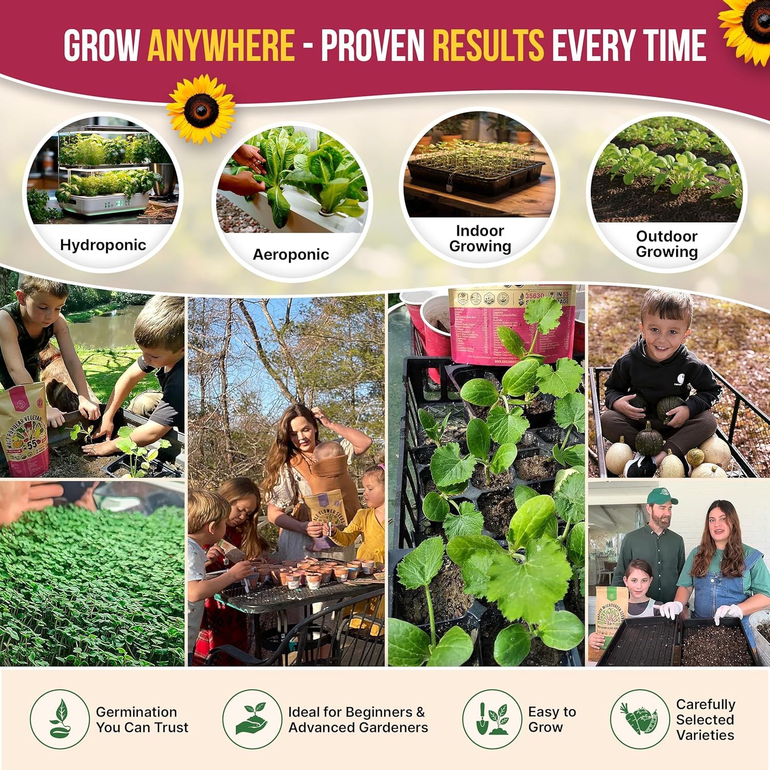 Demonstrates the product's versatility by showing it can be used in multiple growing environments (hydroponic, aeroponic, indoor, outdoor) and by various users (families, children, beginners,…