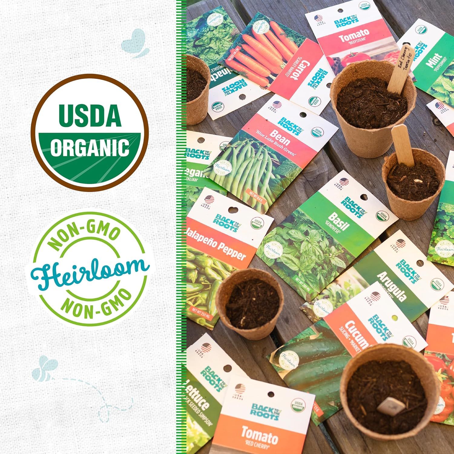 Communicates that the seed products are certified organic and non-GMO, reassuring environmentally conscious shoppers about the product's sustainability and safety credentials. Shows the variety of…