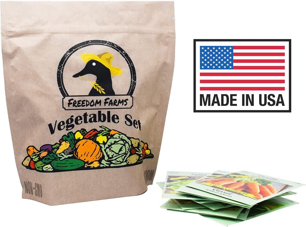 Shows everything the customer receives in the vegetable seed set, including the branded packaging and multiple seed packets, to communicate the complete value of the bundle. Emphasizes the Freedom…