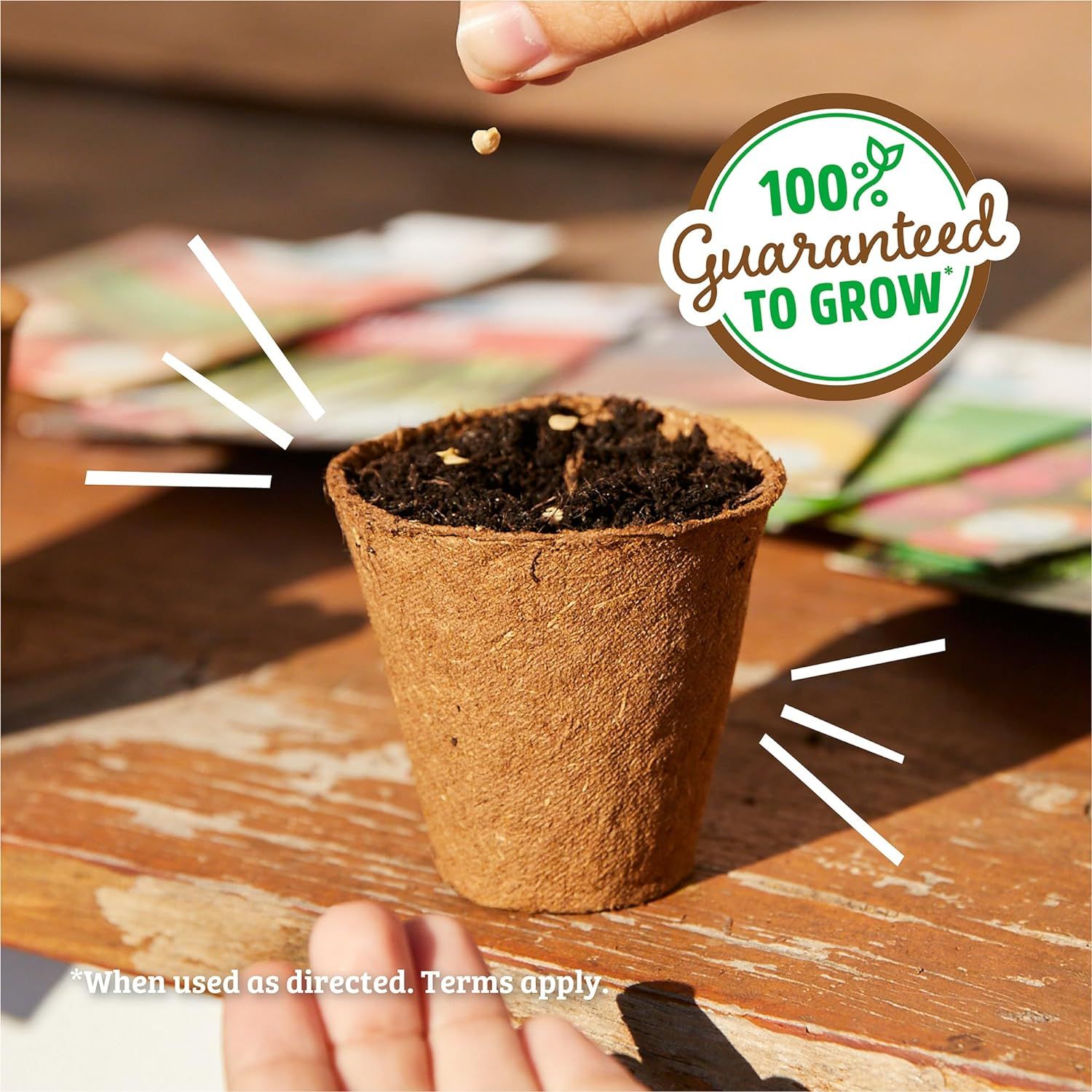 Communicates a strong performance guarantee to reassure shoppers that the product (biodegradable seed starter pots) will successfully support plant growth when used as directed.