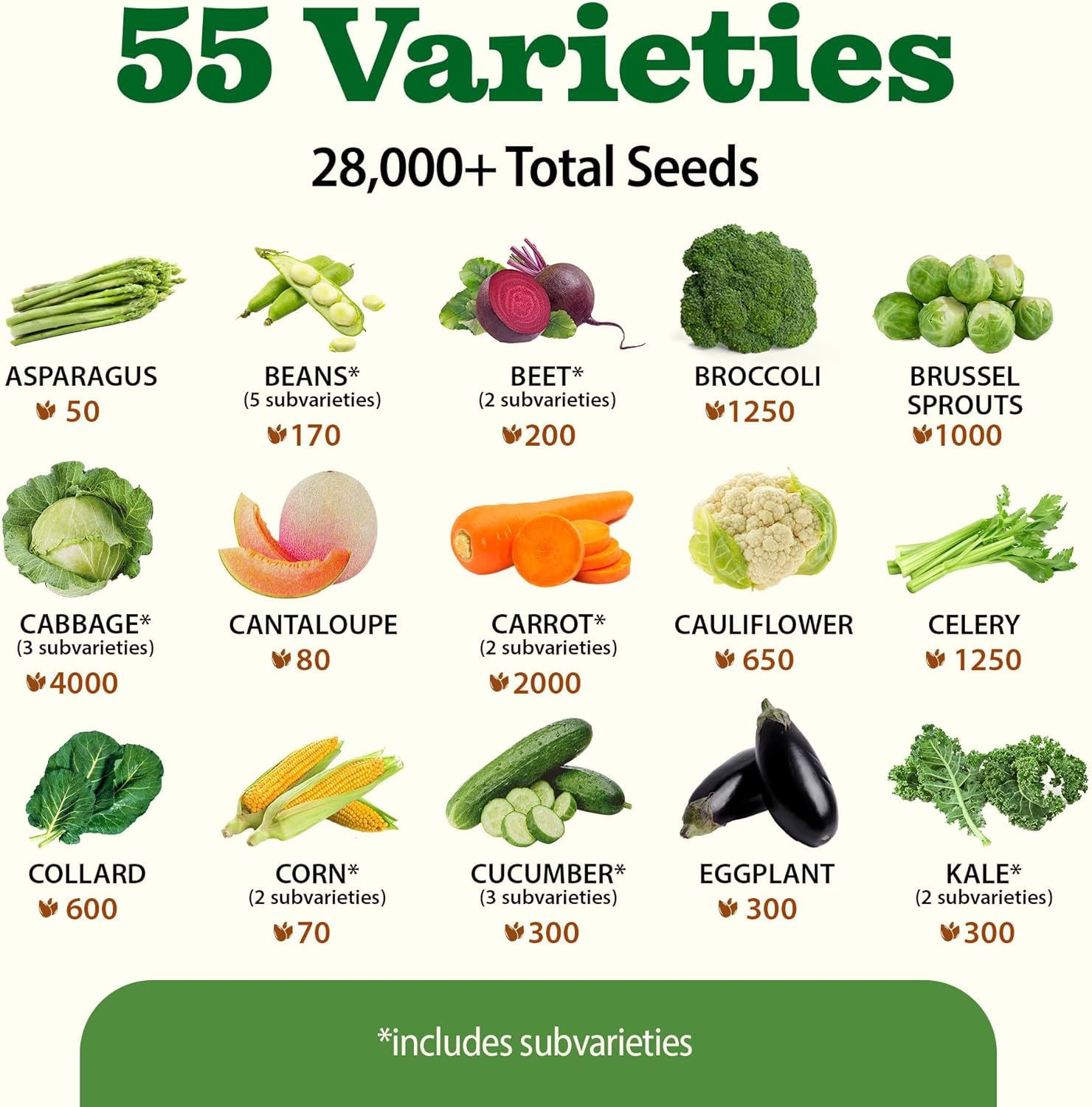 Shows the complete variety and quantity of seeds included in the product bundle, helping shoppers understand the comprehensive selection they will receive.