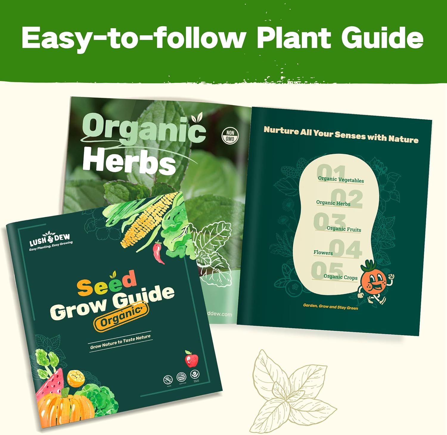 Shows the customer all the instructional materials and guides included with the product to help them successfully grow organic plants and herbs.