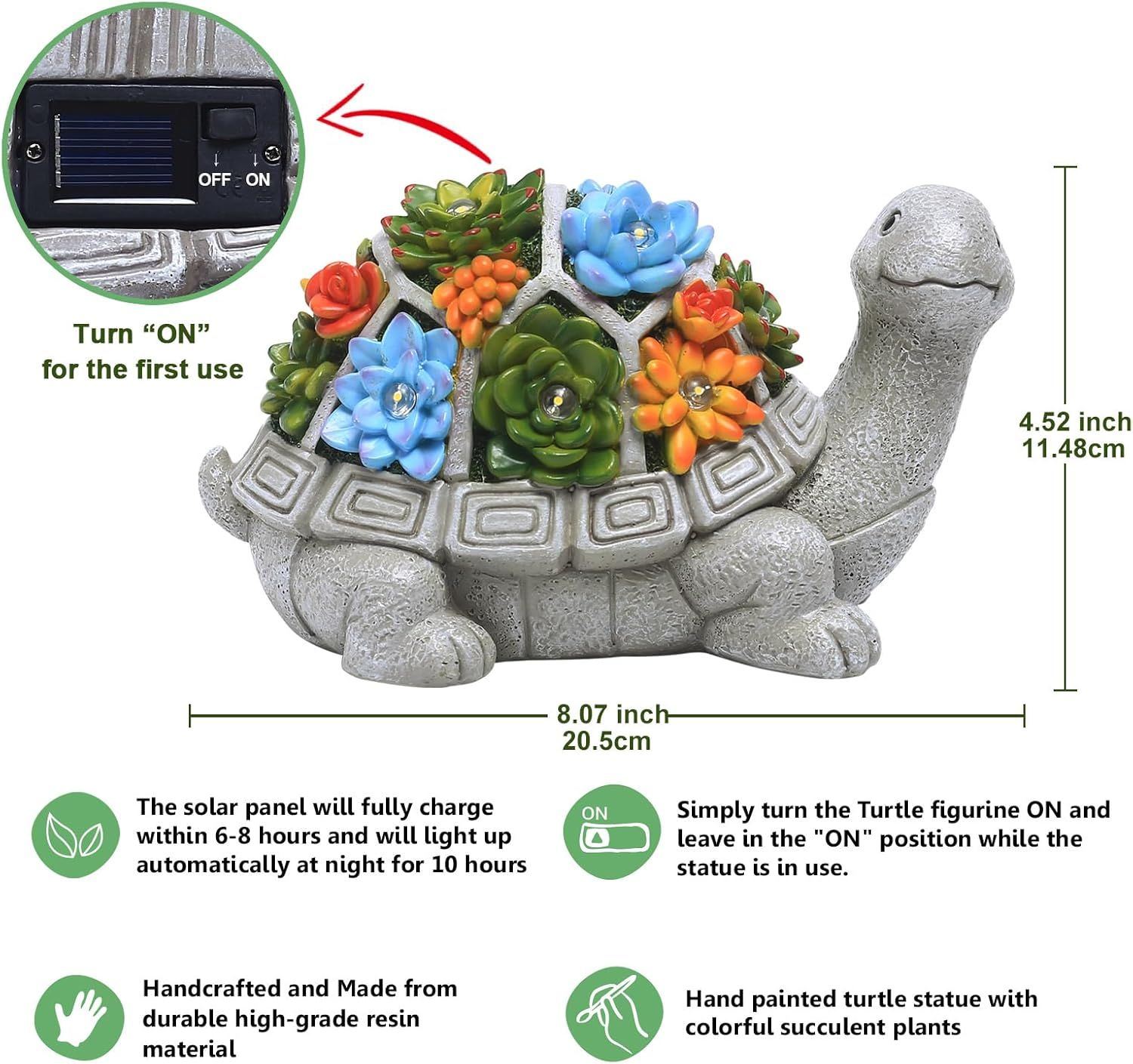 Communicates the exact physical size of the turtle figurine (8.07 inches wide, 4.52 inches tall) to help shoppers understand how large the product is before…