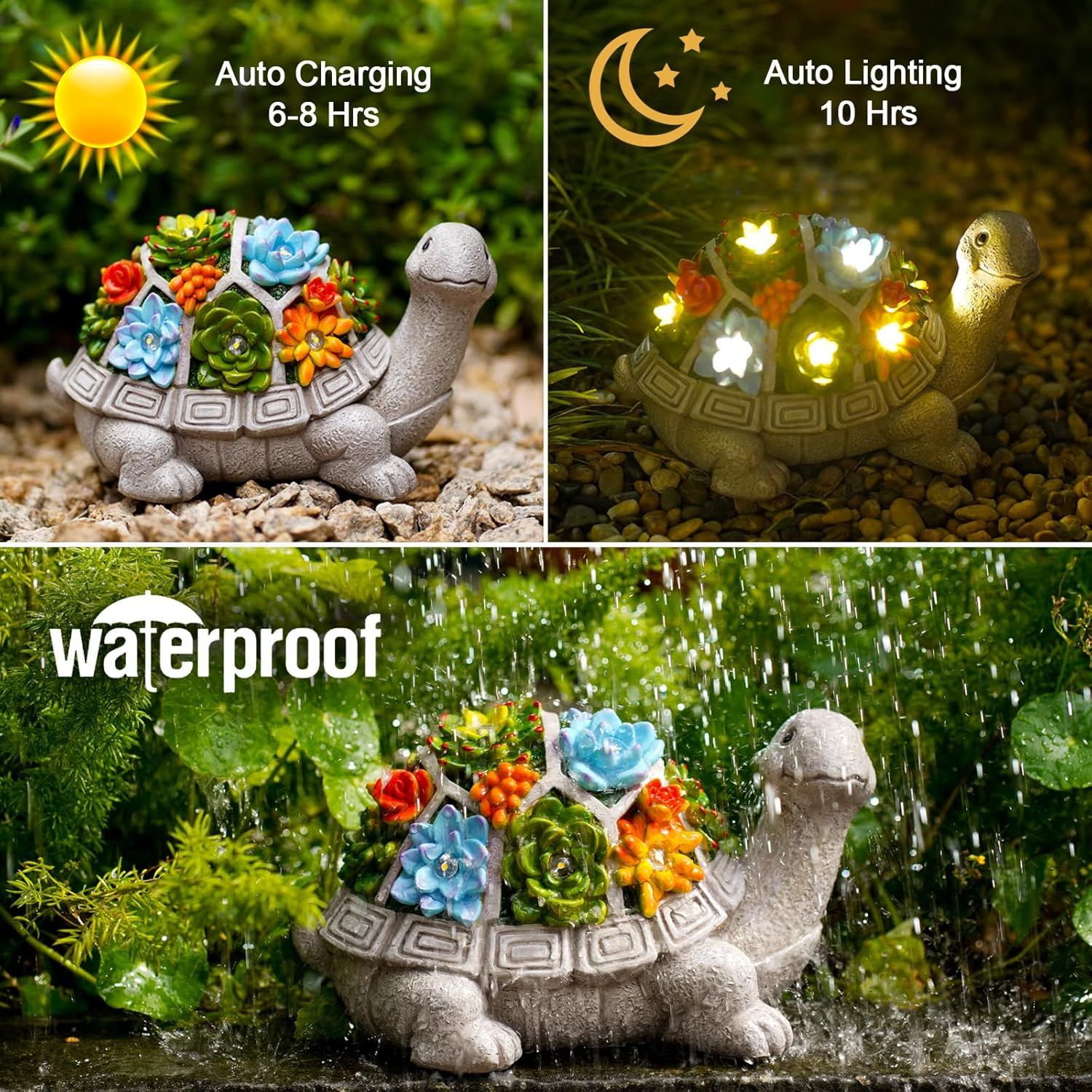 Demonstrates three distinct benefits of the decorative turtle light: solar charging capability during the day, automatic lighting at night, and waterproof…