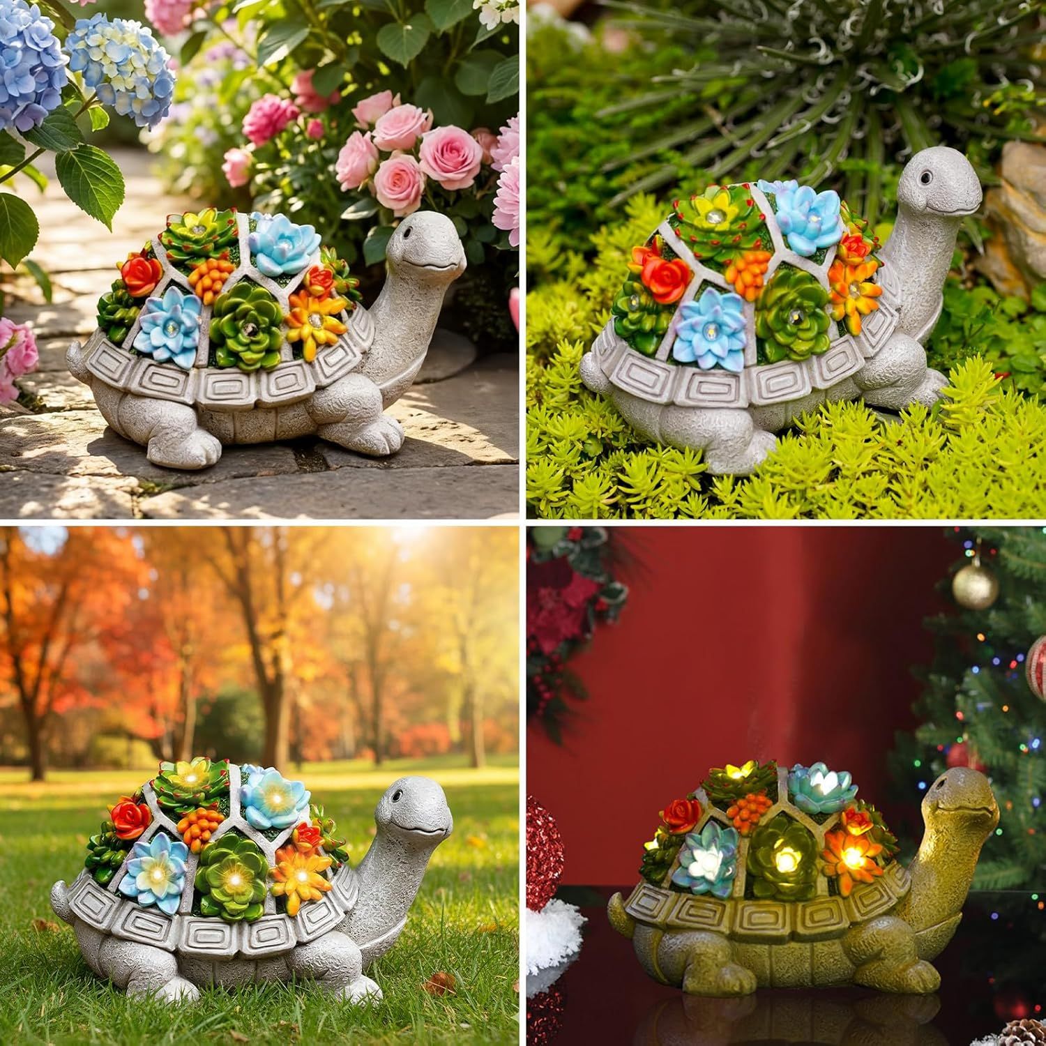 Demonstrates the product's versatility by showing it in multiple seasonal and environmental contexts (spring garden, summer greenery, autumn landscape, winter…