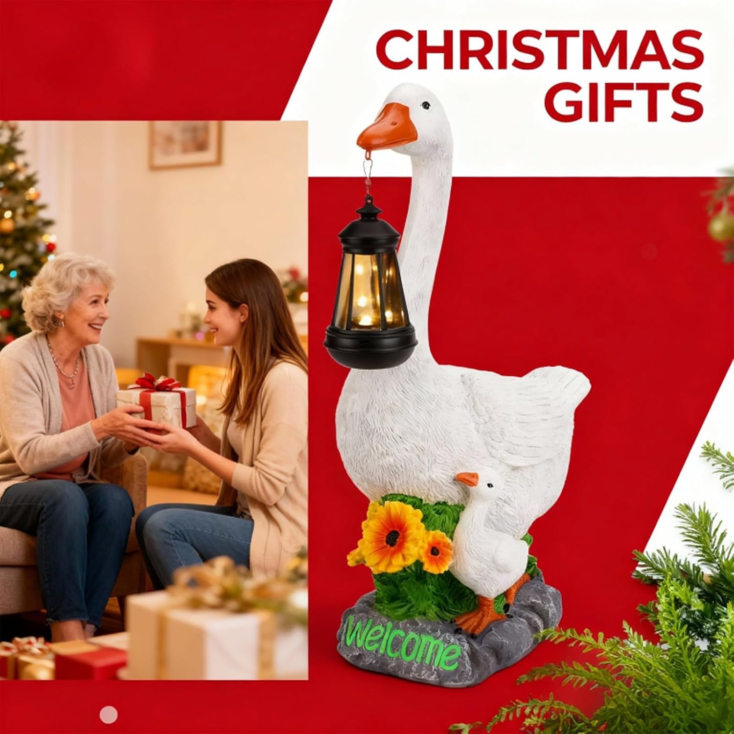 Positions the decorative goose lantern as a perfect Christmas gift option, using holiday colors, festive imagery, and a gift-giving scene to appeal to seasonal shoppers.