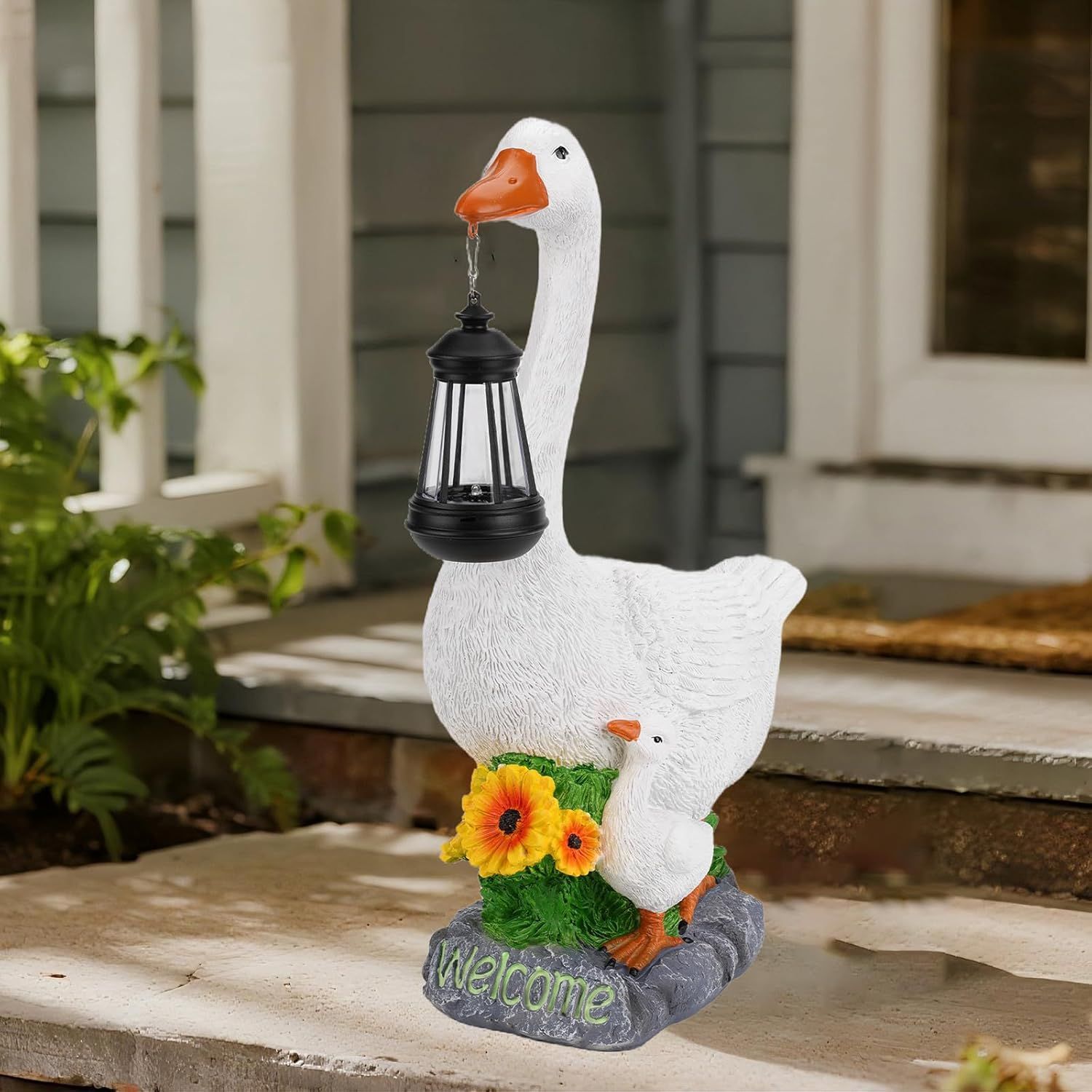 Showcases the product in a real-world outdoor setting to help shoppers visualize how it would look on their porch or patio as a welcoming decorative piece.