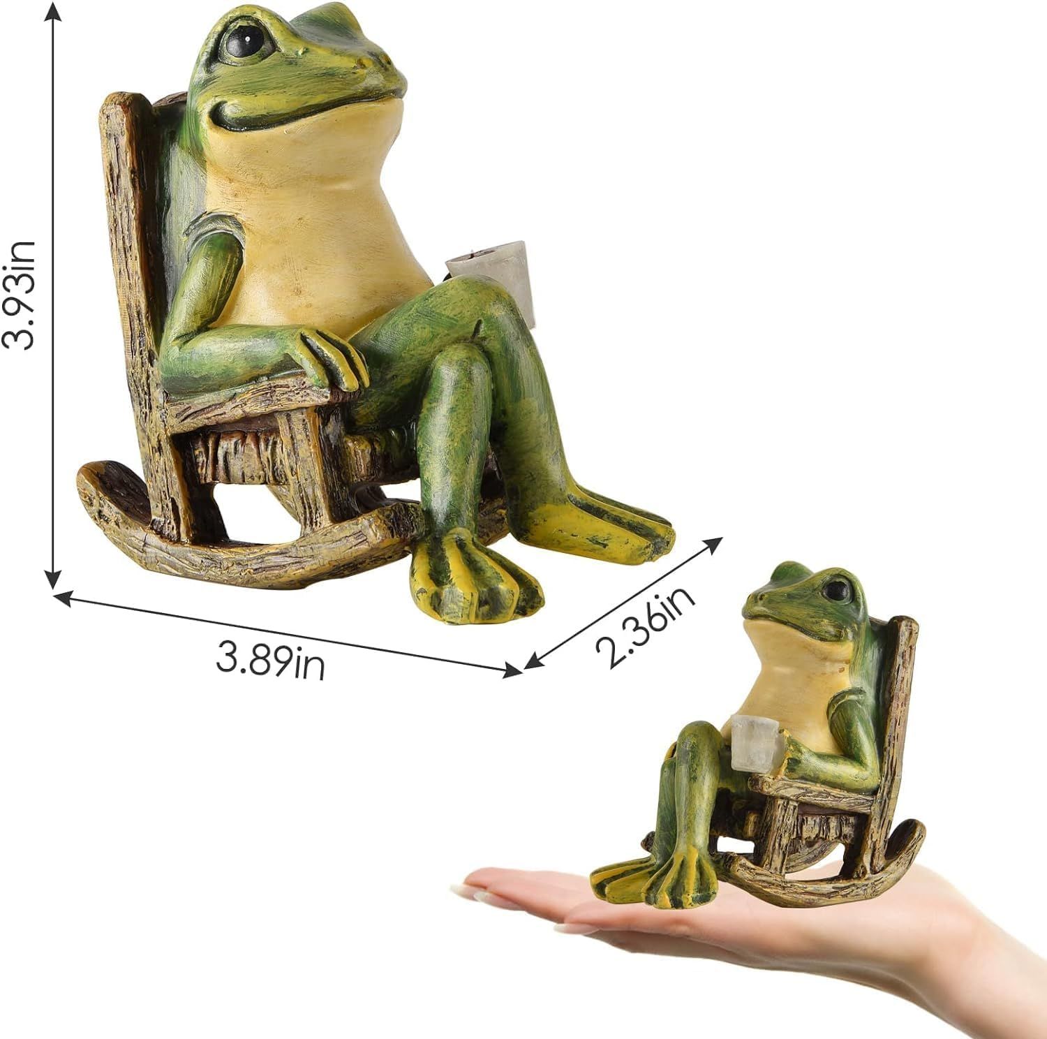 Communicates the exact physical size of the decorative frog figurine using dimensional measurements and a hand for scale reference, helping shoppers…