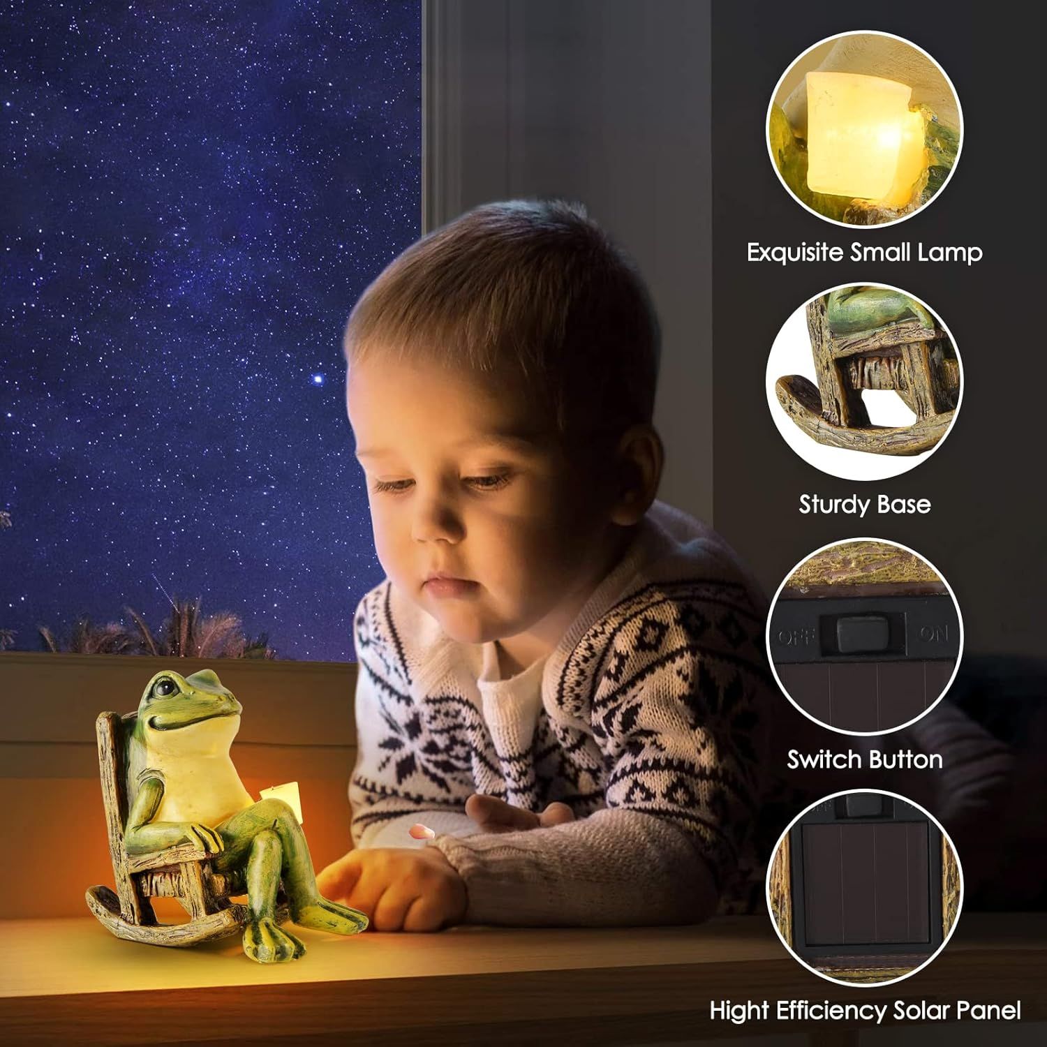 Breaks down the physical components of the decorative frog lamp to help shoppers understand its construction, features, and key parts including the lamp,…