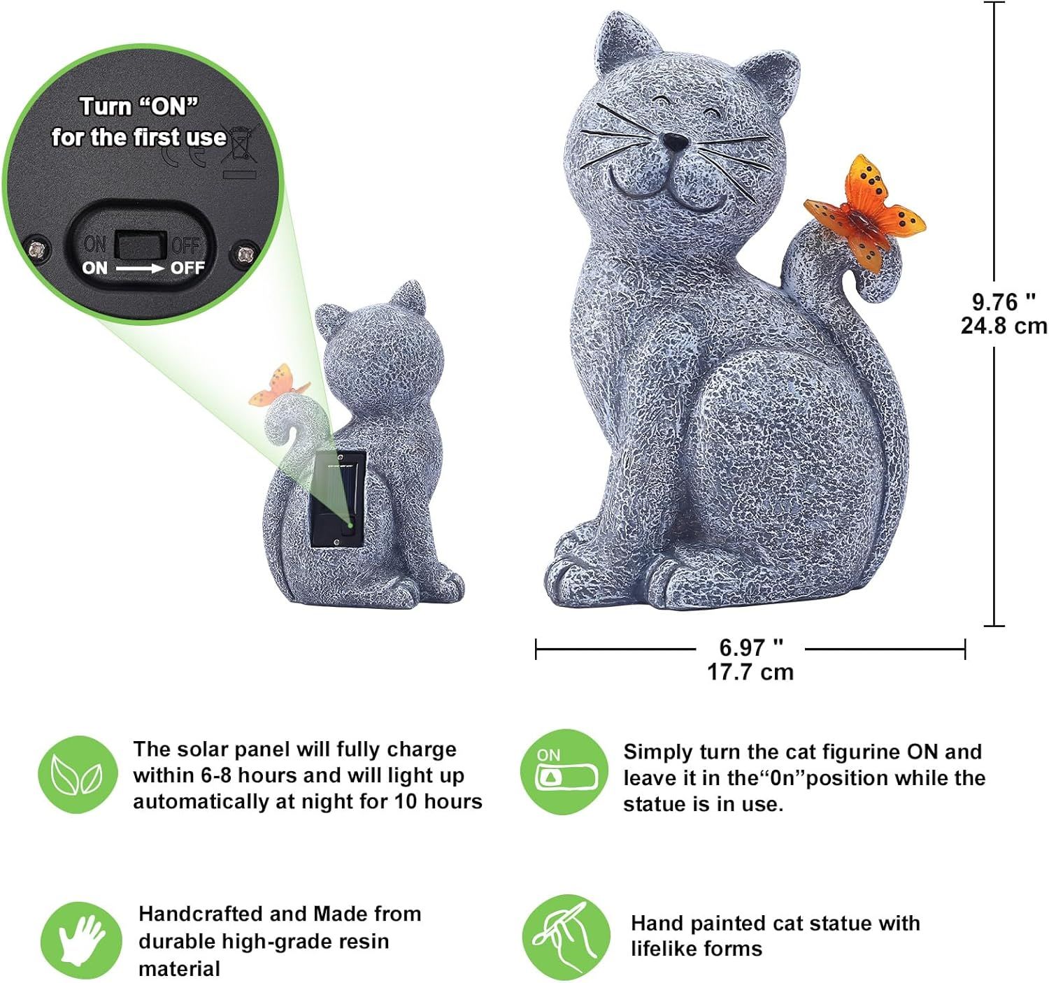 Communicates multiple selling benefits of the decorative cat statue including solar charging capability, simple on/off operation, sizing dimensions, durable construction, and artistic hand-painted…