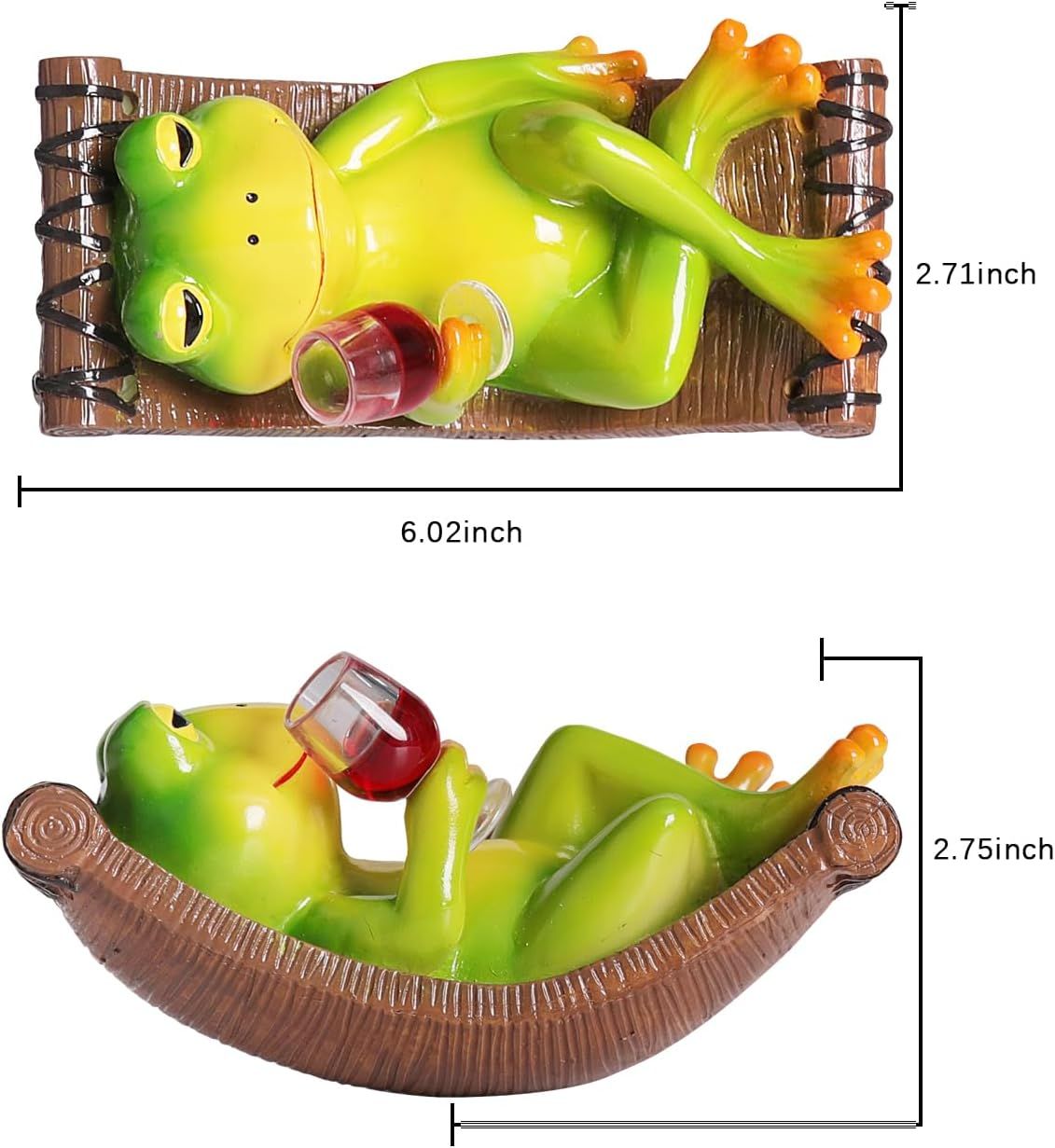 Communicates the exact physical size of the product using dimension measurements to help shoppers understand how big the decorative frog figurine is.