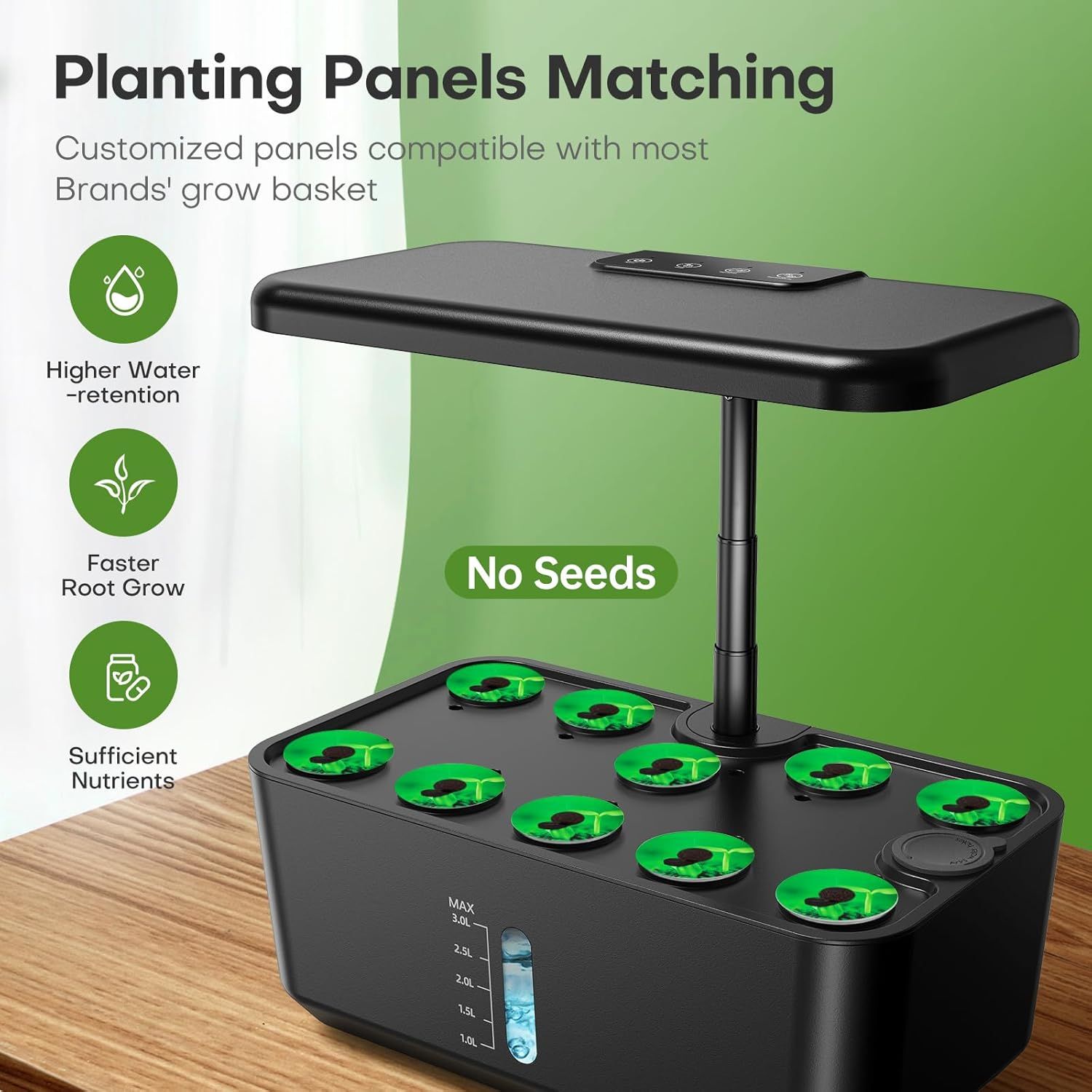 Communicates multiple key benefits of the planting panels including water retention, root growth speed, nutrient sufficiency, and compatibility with most grow baskets to help shoppers understand the…