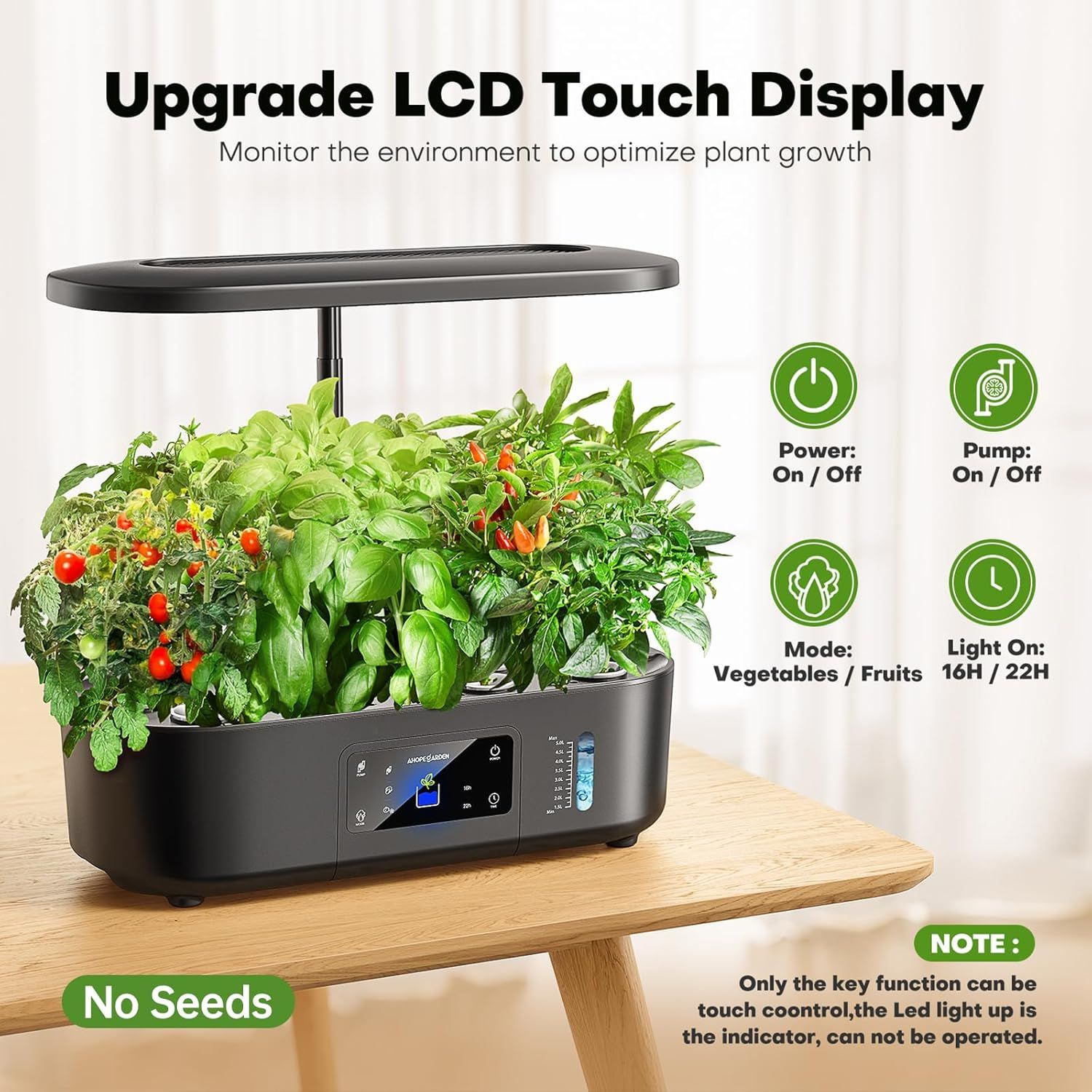 Highlights multiple control features of the indoor garden system to demonstrate ease of use and customization options for optimizing plant growth.