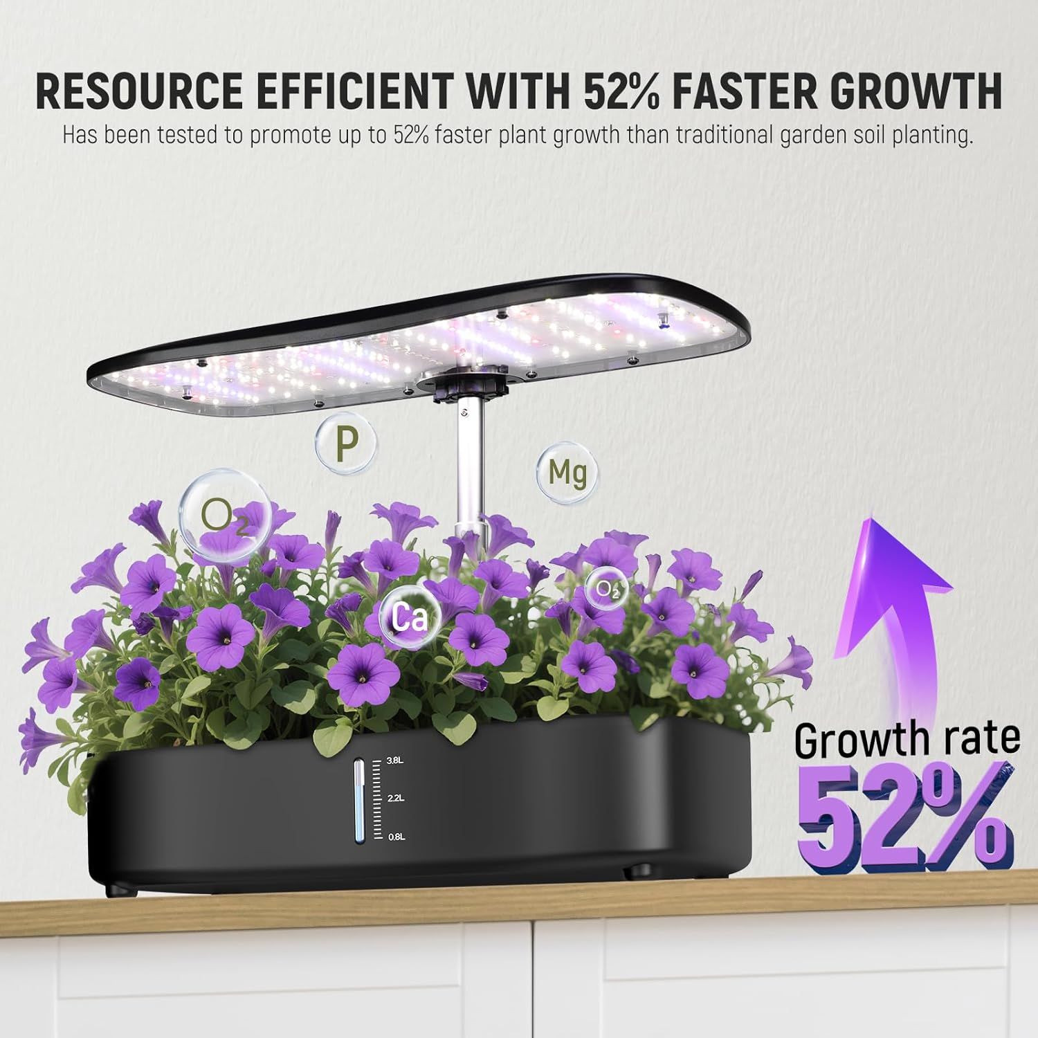 Communicates the product's superior performance with a bold quantifiable claim that it promotes 52% faster plant growth compared to traditional garden soil planting, reassuring shoppers of its…