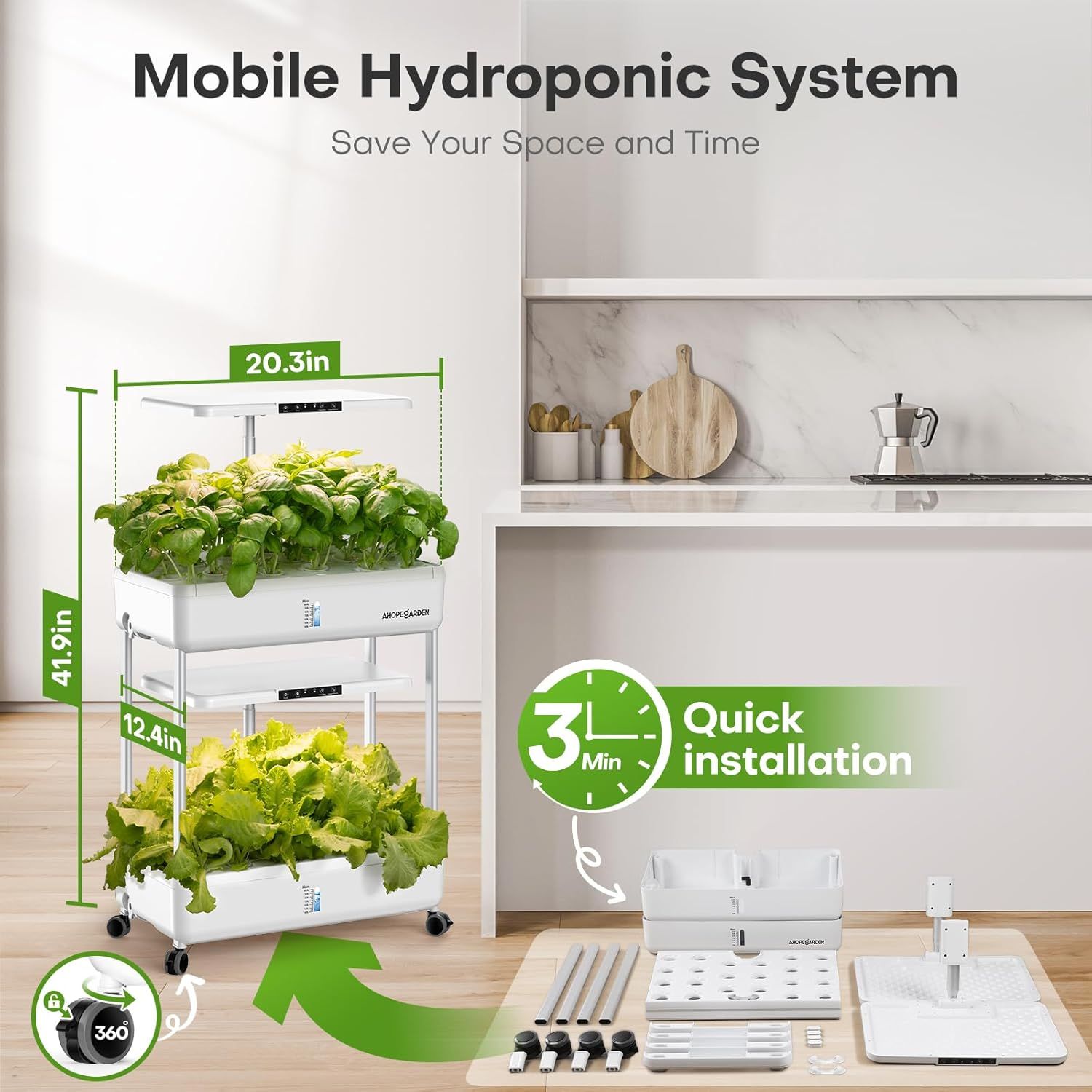Communicates multiple key benefits of the hydroponic system: its compact size with exact dimensions, fast 3-minute setup, and mobile design with 360-degree wheels, reassuring shoppers about…