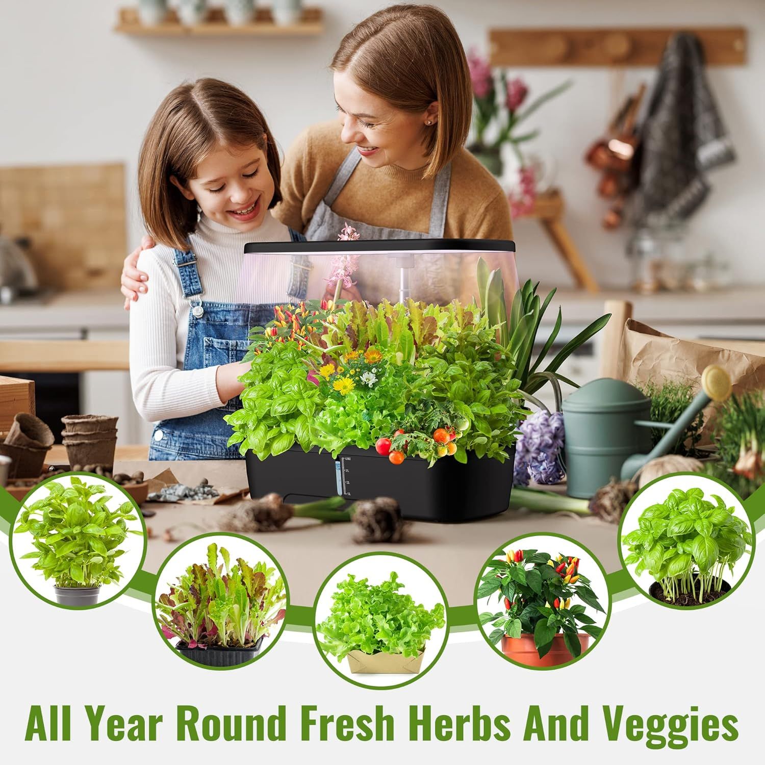Demonstrates the versatility of the indoor garden system by showing multiple types of herbs and vegetables that can be grown, reassuring shoppers they can grow fresh produce all year round.…