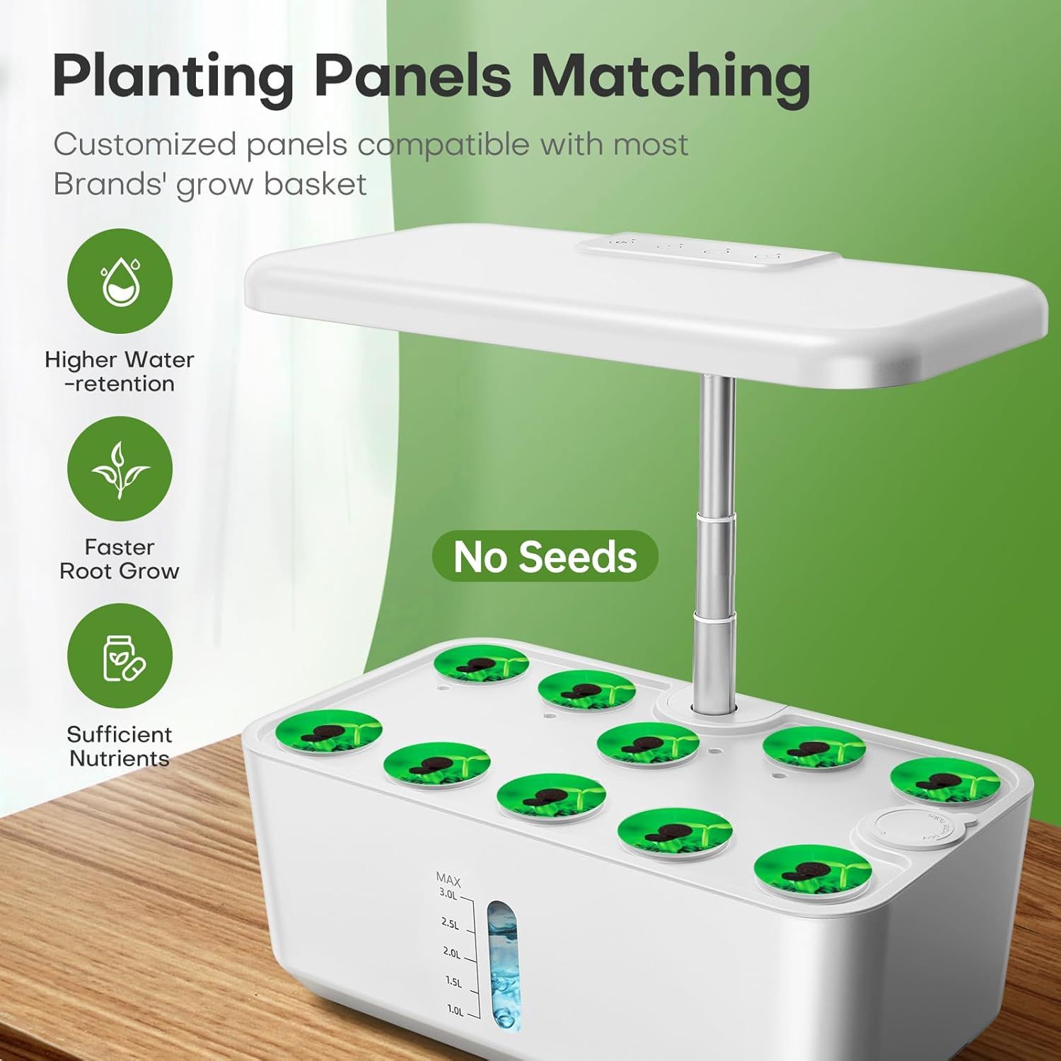 Communicates multiple benefits of the planting panels including water retention, root growth speed, nutrient delivery, and compatibility with other grow basket brands to reassure shoppers of the…