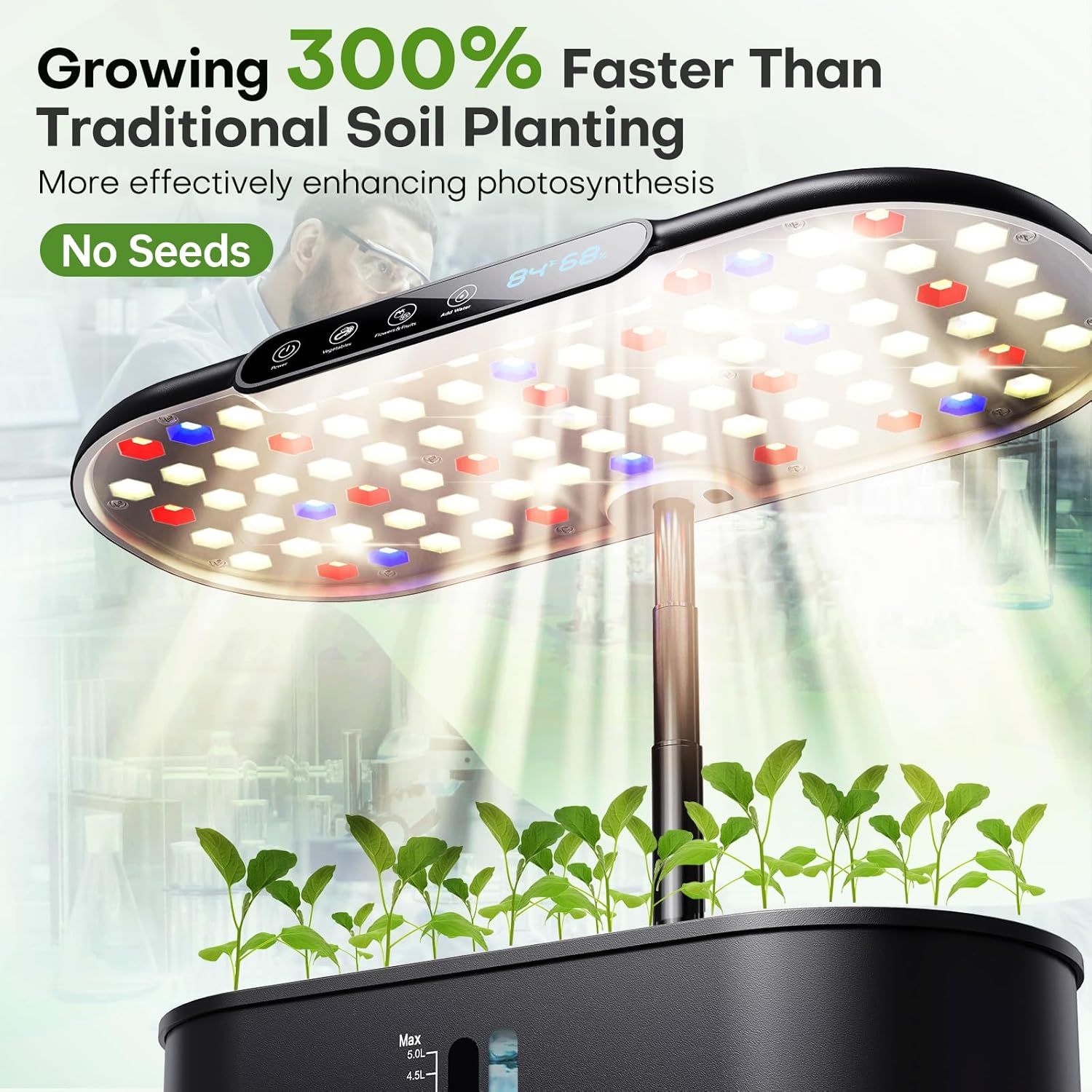 Communicates a bold quantifiable performance claim that the product grows plants 300% faster than traditional soil planting, emphasizing superior speed and efficiency to attract shoppers seeking…