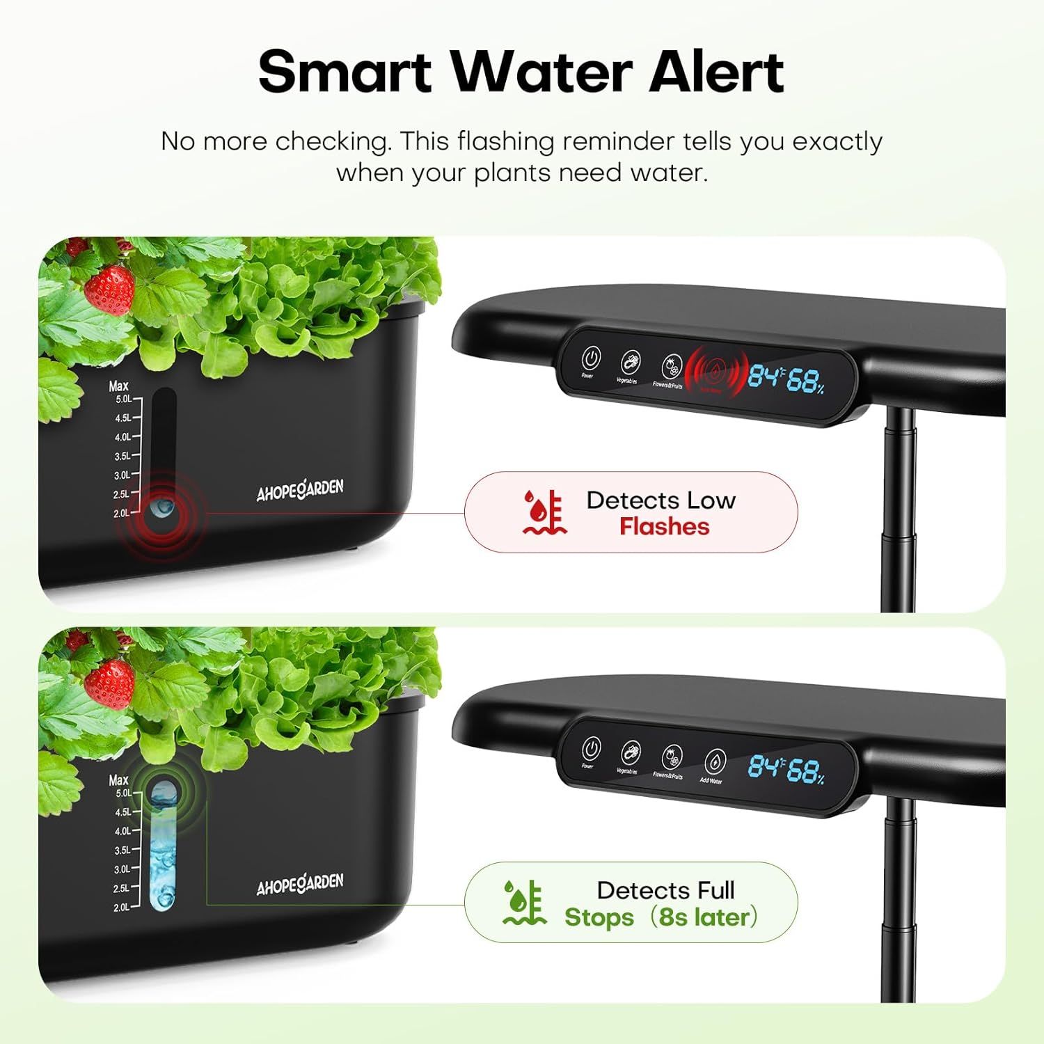 Explains how the smart water alert feature works by showing the two-state detection system: flashing red when water is low and stopping with a green indicator when the reservoir is full. Highlights…