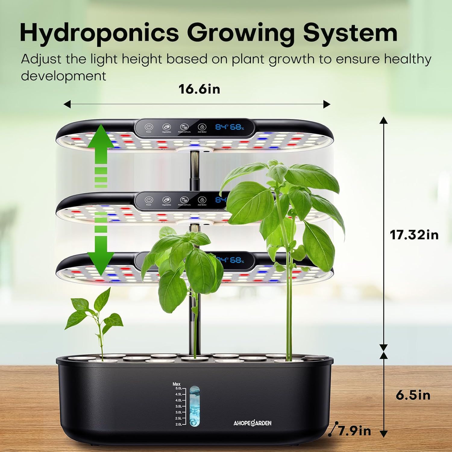 Communicates the exact physical dimensions of the hydroponics system (16.6in width, 17.32in height, 6.5in and 7.9in base dimensions) to help shoppers understand the space requirements and whether it…
