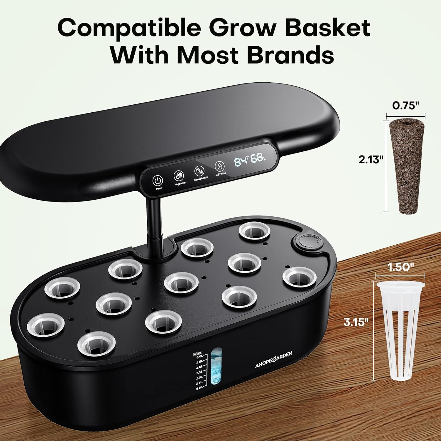 Demonstrates that the grow basket is compatible with most brands by showing the product alongside dimensional specifications for different basket sizes, reassuring shoppers of versatile fit and…