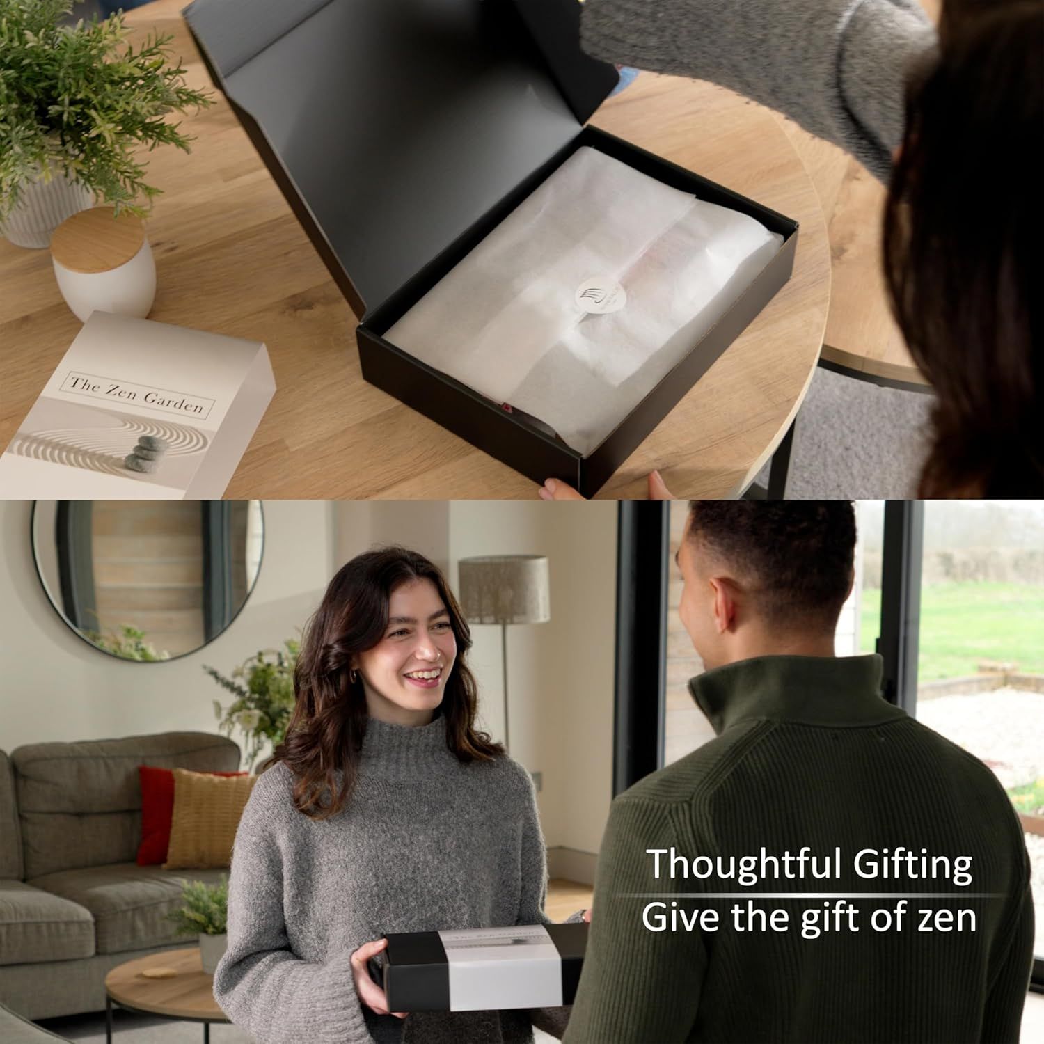 Positions the product as a thoughtful gift option, emphasizing the premium unboxing experience and emotional connection of giving 'the gift of zen.' Highlights the elegant packaging and gift-ready…