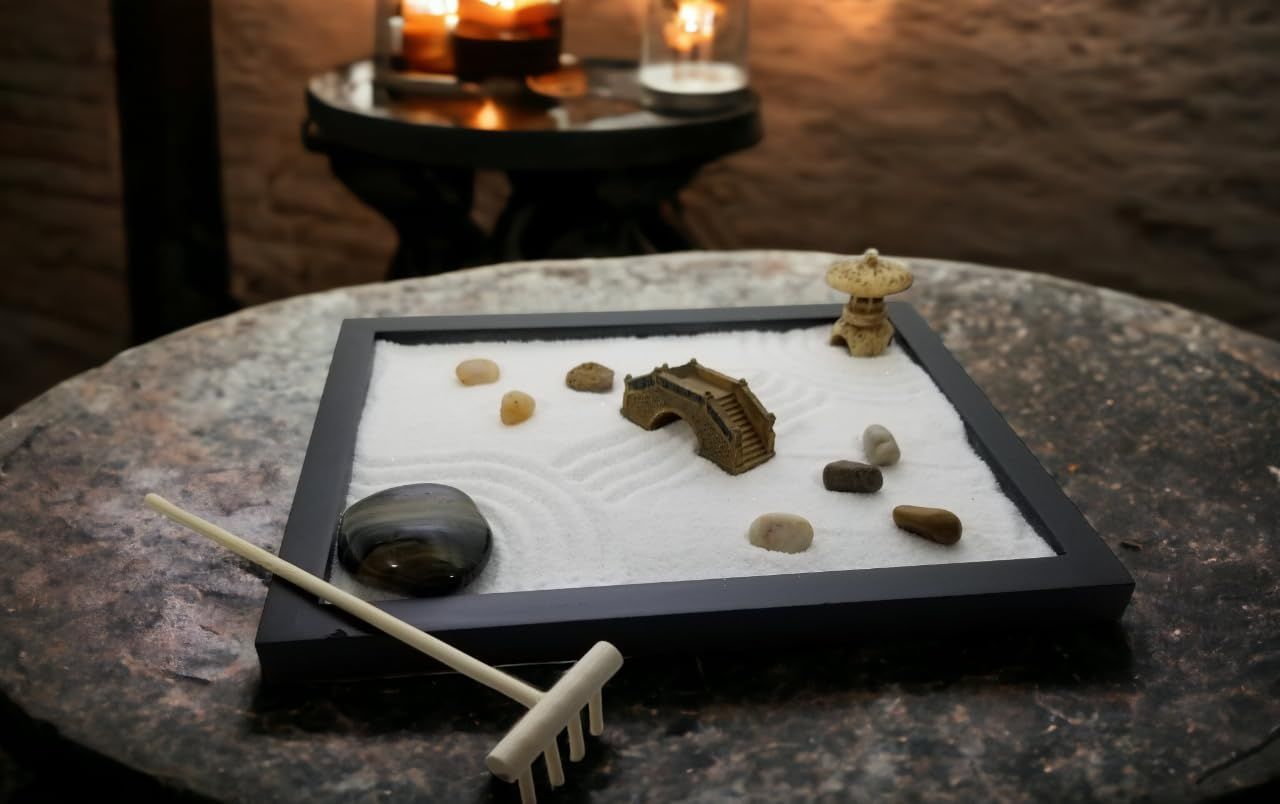 Showcases the product in a calming, real-world home environment with candles to communicate its use as a decorative, meditative piece for relaxation and…