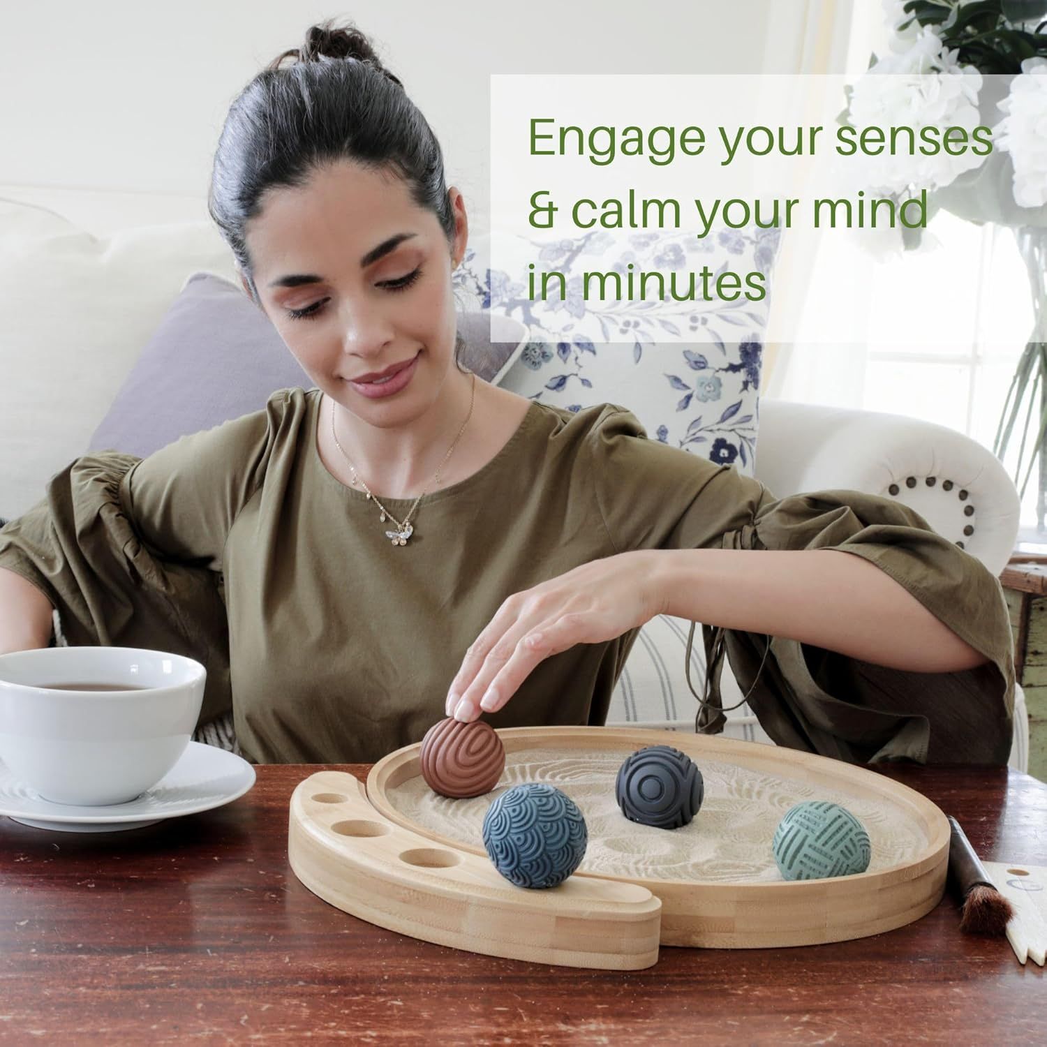 Communicates the product's ability to provide quick relaxation and mental calm through sensory engagement, appealing to shoppers seeking stress relief and…