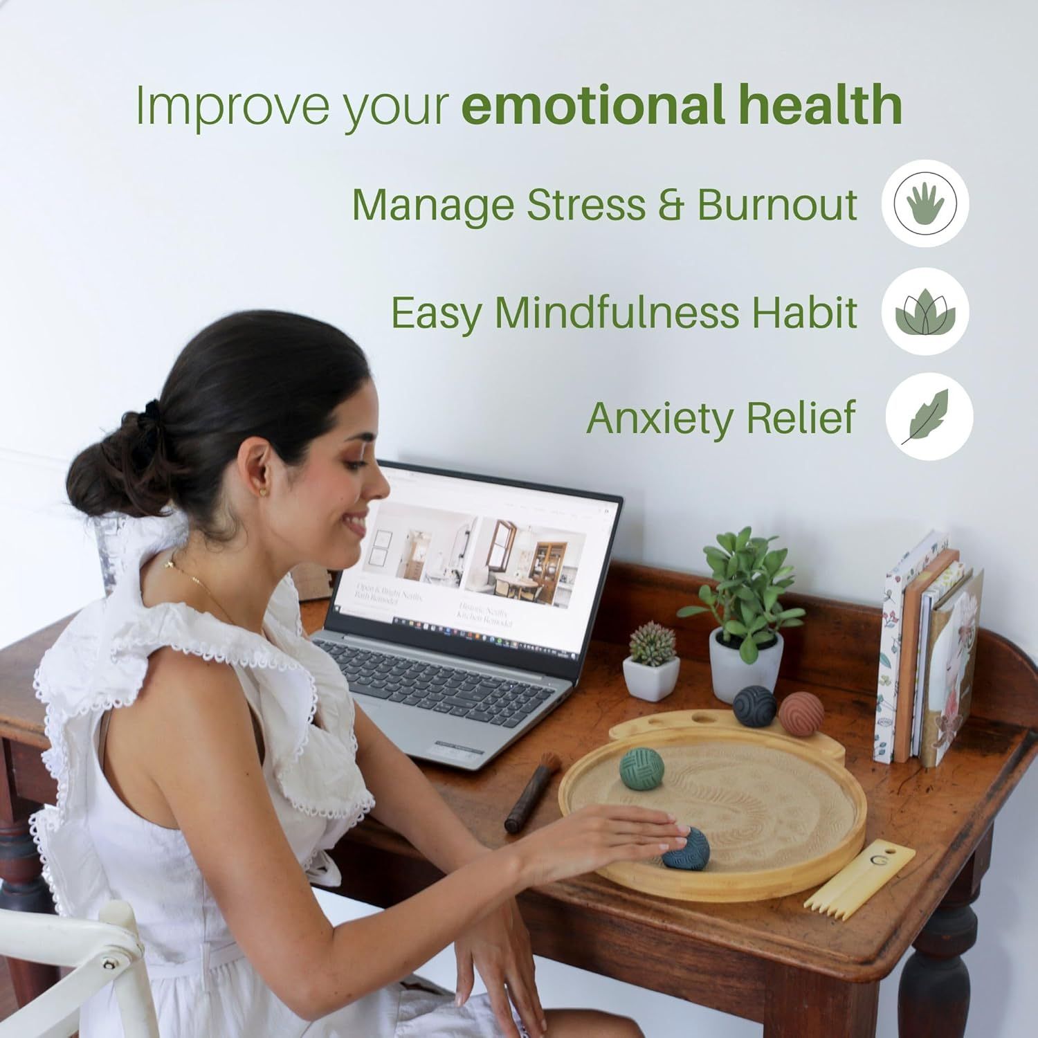 Communicates multiple emotional health benefits of the product, showing how it helps manage stress and burnout, build mindfulness habits, and provide anxiety…