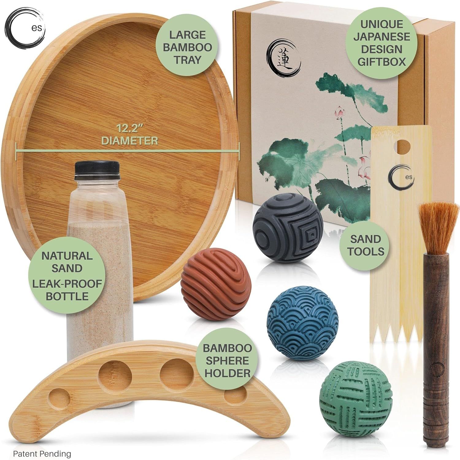 Shows all the components included in the zen garden kit to help shoppers understand the complete set they will receive, emphasizing the gift-ready packaging…