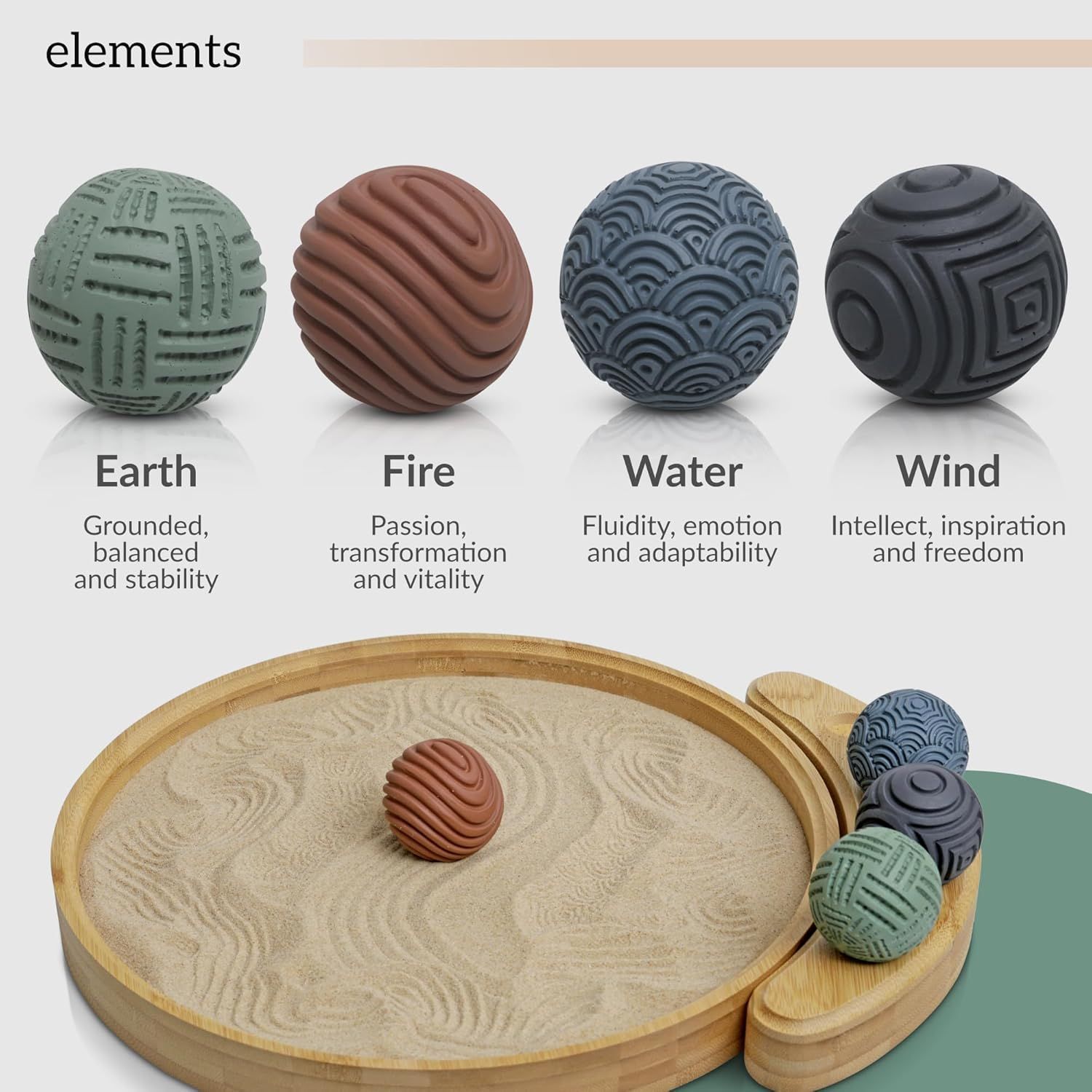 Shows everything included in the product set—four textured element balls (Earth, Fire, Water, Wind) and the zen garden tray—to help shoppers understand the…