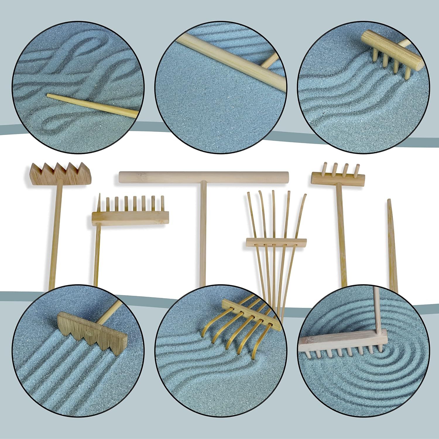 Demonstrates the multiple pattern-making capabilities and design options available with the zen garden rake set, showing shoppers the variety of creative patterns they can create. Shows all the…